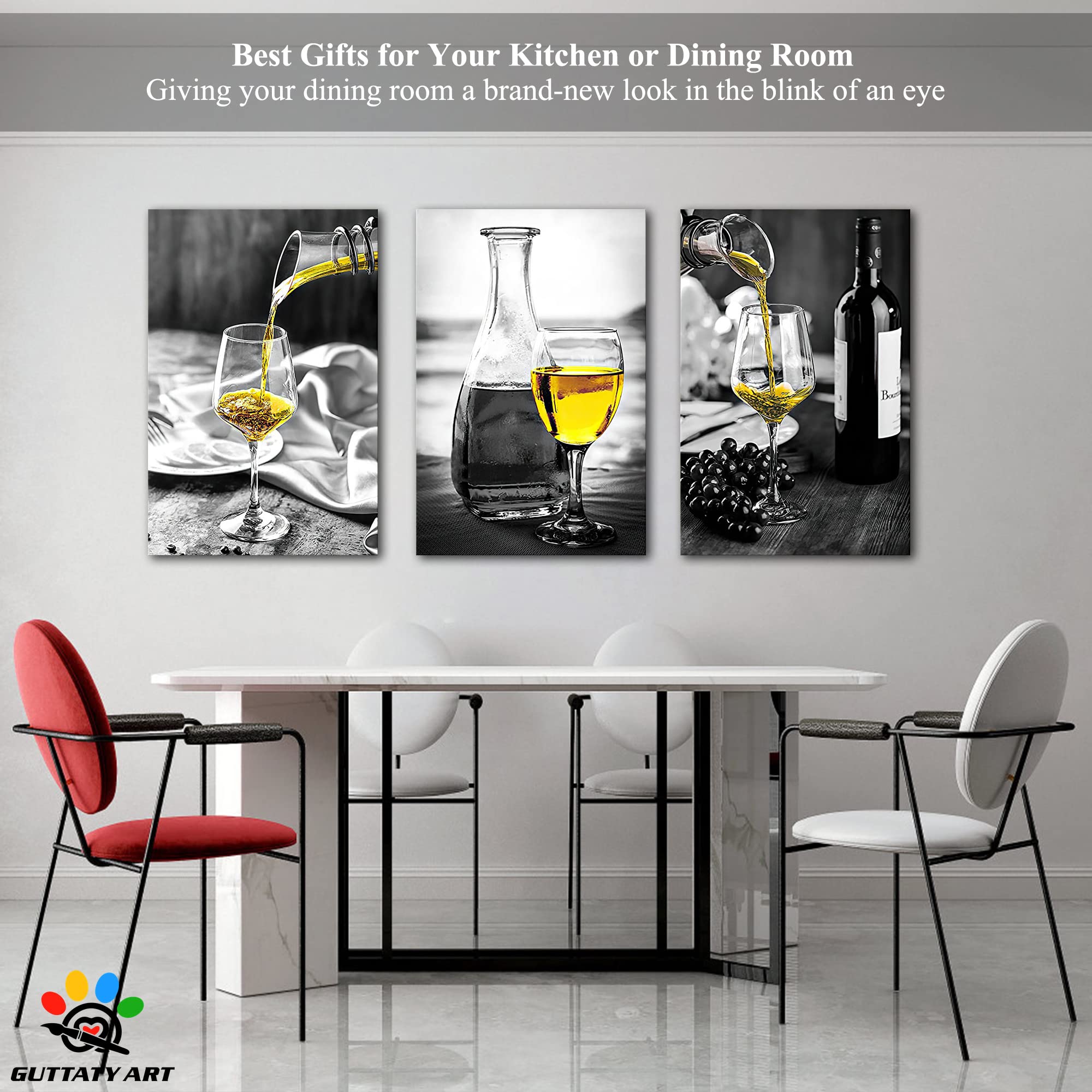 Modern Black & White Dining Room Wall Art - 3-Piece Canvas Prints of Yellow Wine Glasses (24x36 Inches) | Ready to Hang Kitchen & Living Room Decor | Perfect for Home Dining Areas & Entertaining Spaces