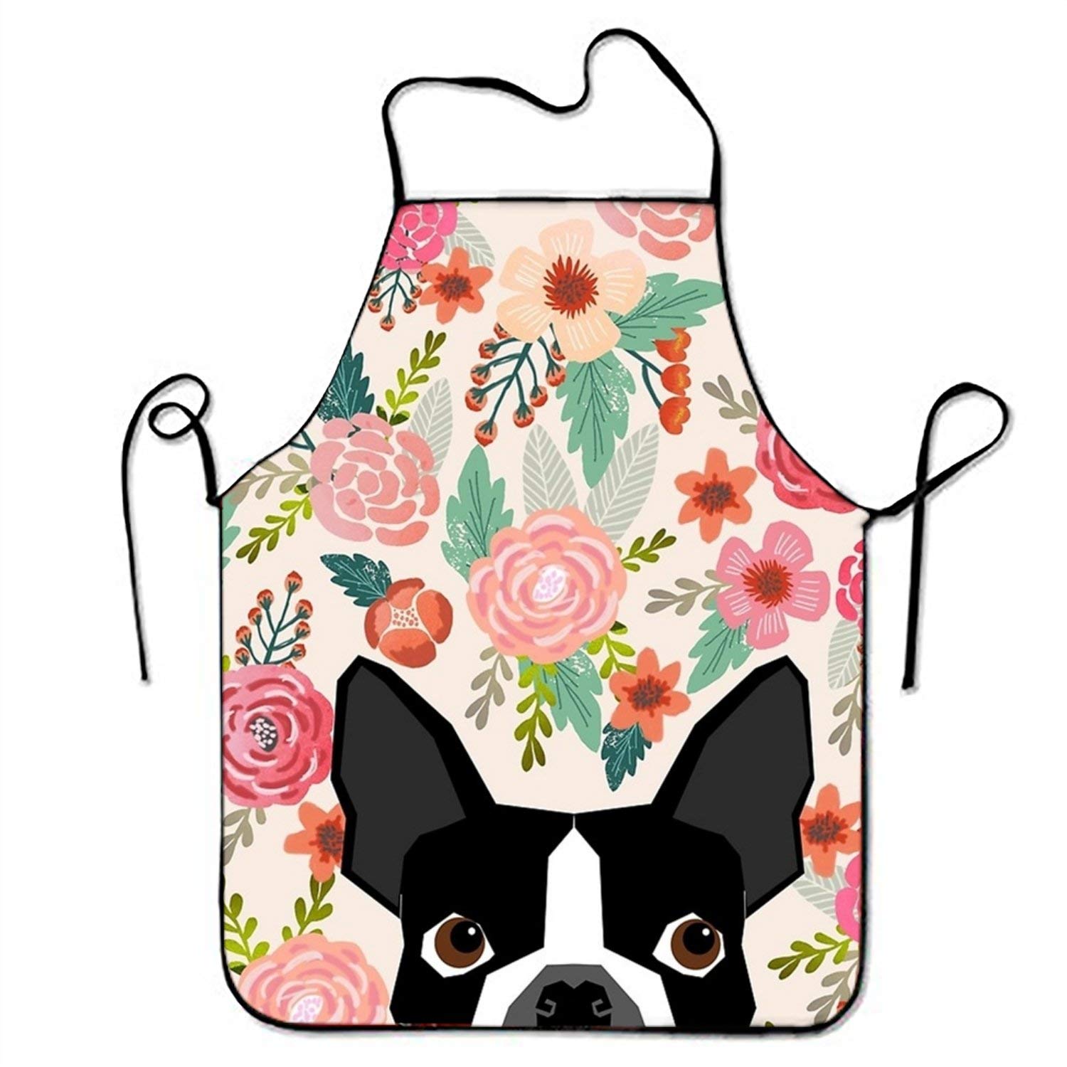 Funny Boston Terrier & Pitbull Dog Floral Apron - Pink Flower Kitchen Apron for Women, Premium Polyester Bib with Whimsical Design - Perfect for Cooking, Baking, BBQ Parties & Themed Events