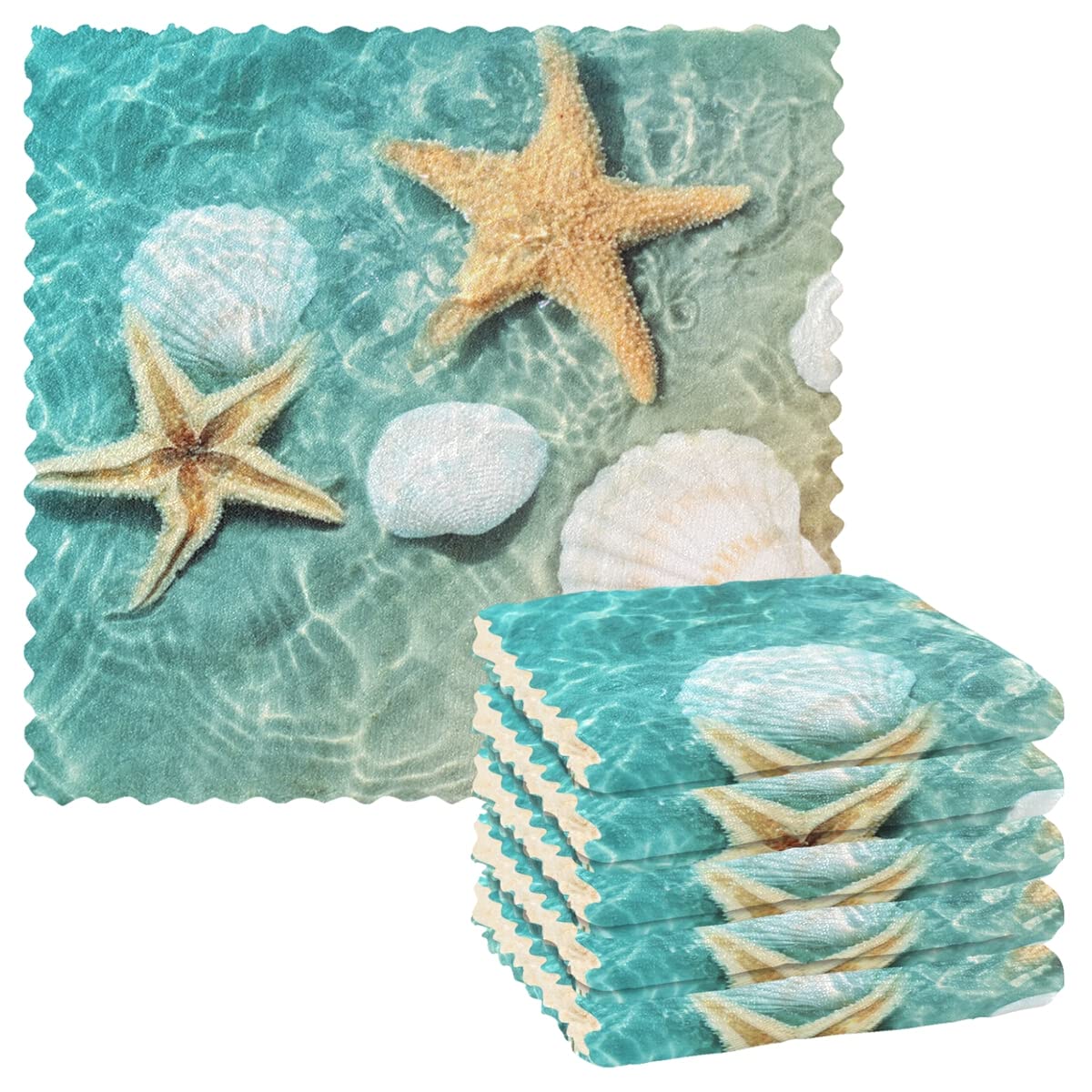 6-Pack Reusable Absorbent Kitchen Towels - Eco-Friendly Dish Cloths & Hand Towels for Countertops, Drying Dishes & Cleaning | Seashell Fishnet Design for Beach House & Coastal Kitchen Decor