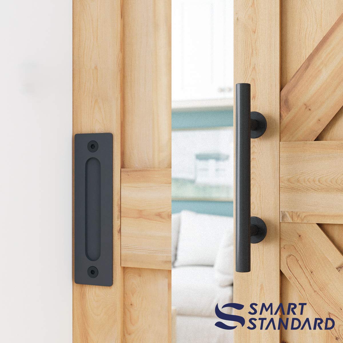 SMARTSTANDARD 8 FT Heavy Duty Sliding Barn Door Hardware Kit - Black, Complete Set with Pull Handle & Floor Guide for 42