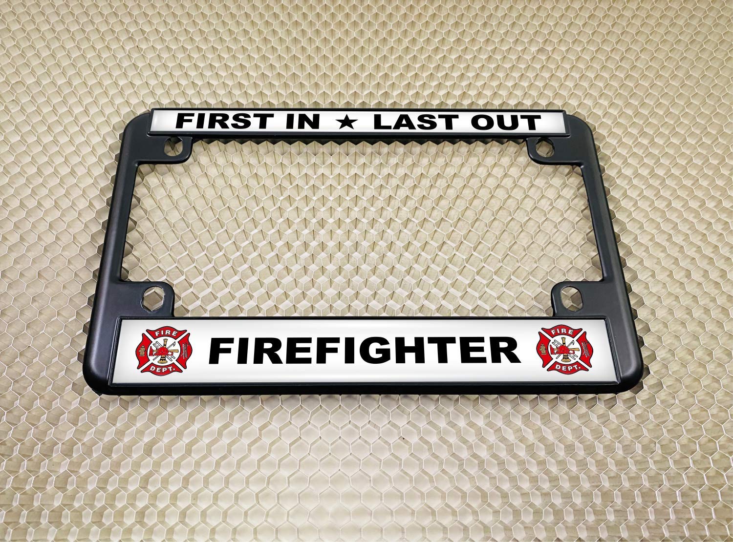Black Firefighter Design Metal Motorcycle License Plate Frame - Durable & Stylish for Harley, Honda, Kawasaki - Perfect for Bikers, First Responders & Patriotic Riders