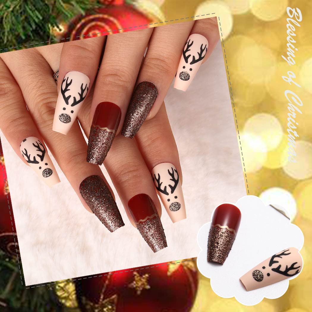 Uranian Christmas Press on Nails - 24pcs Long Red Coffin Fake Nails with Snowflake & Stripes Design, Glossy Santa Claus & Elk Glitter French Tip Acrylic Nails for Women & Girls | Holiday Parties, Gift Giving, Festive Nail Art