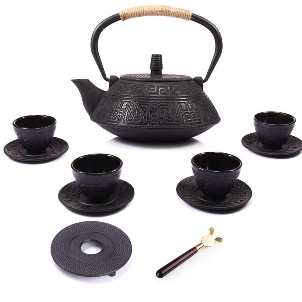 Premium Black Cast Iron Teapot Set with 4 Ceramic Cups & Stainless Steel Filter - 900ml Handmade Ceramic Tea Kettle for Loose Leaf Tea - Elegant Gift Box Included - Perfect for Japanese Tea Ceremony, Afternoon Tea & Home Decor
