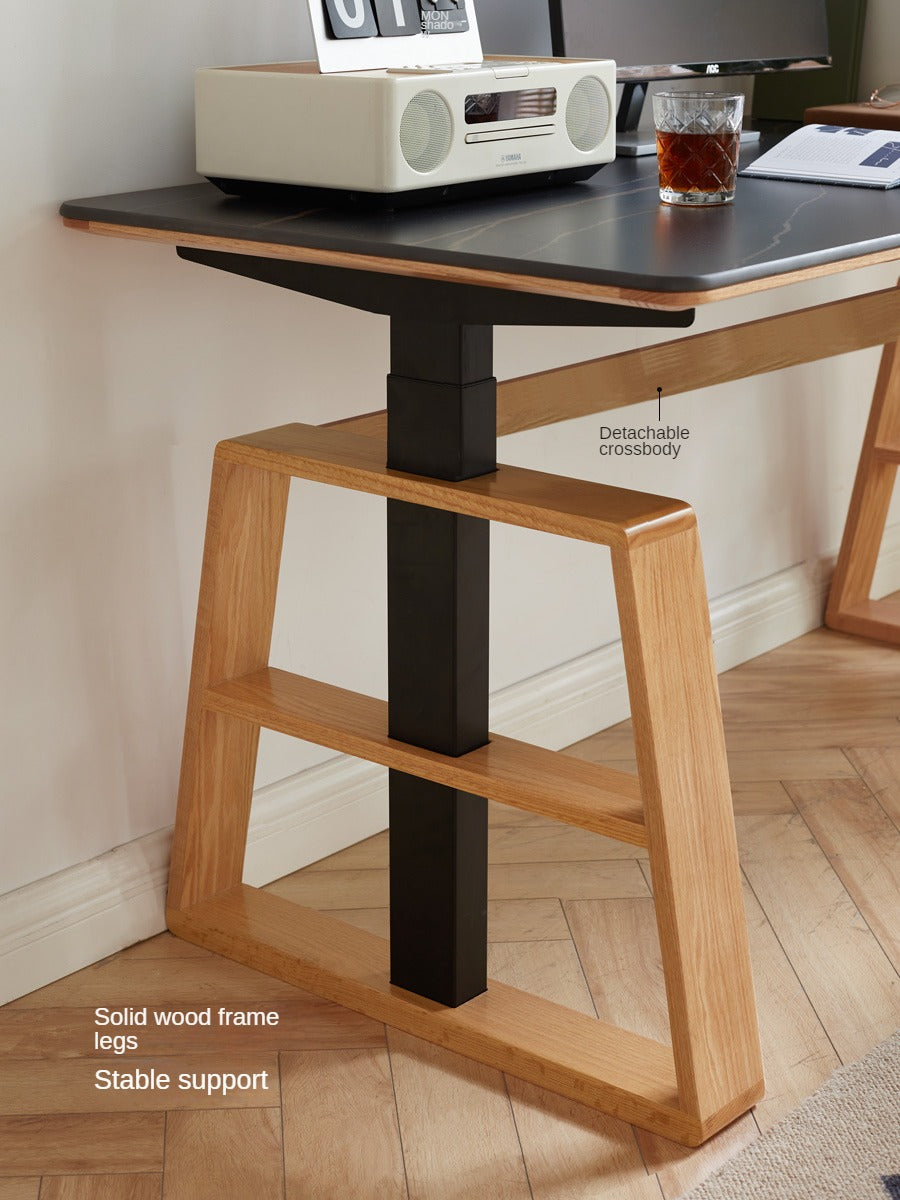 Premium Oak Solid Wood Standing Desk with Natural Rock Slab Top - Ergonomic Adjustable Height Home Office Desk for Work & Study
