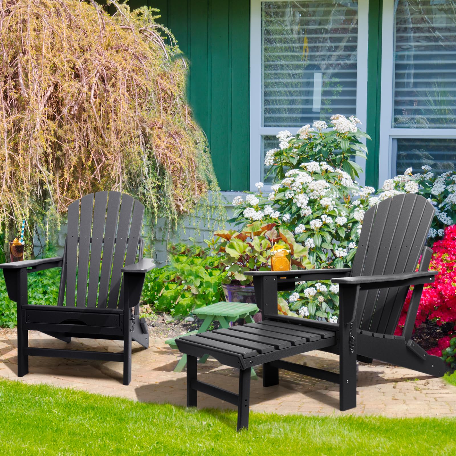 Premium Adirondack Chair with Ottoman - Weather-Resistant Rocking & Folding Outdoor Chair with Cup Holder - Heavy Duty 350lb Capacity Patio Furniture for Backyard, Poolside & Camping Fire Pit