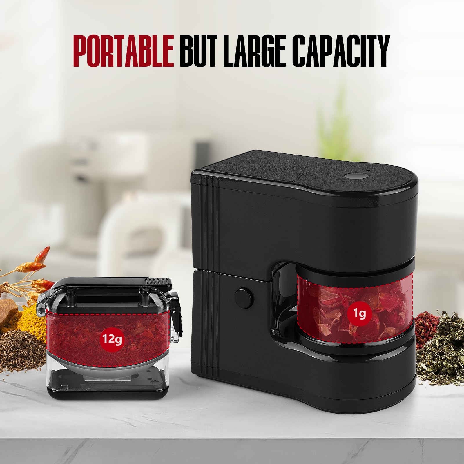 Electric Herb Grinder Portable - 1g Capacity with 1800mAh Battery & LED Lights - 12g Storage Box Included - Perfect for Kitchen, Travel & Outdoor Use - Black