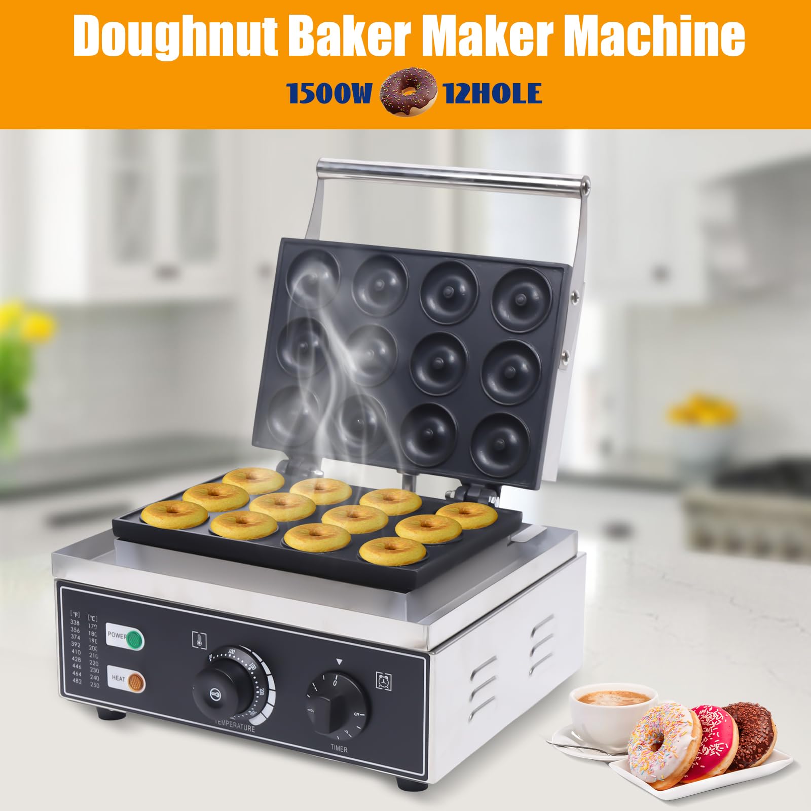 DYRABREST Commercial Nonstick Waffle Maker & Donut Maker Machine - 1500W Double-Sided Heating Electric Pancake Iron with 12 Donut Molds - Perfect for Breakfast Cafes, Bakeries, and Home Kitchens