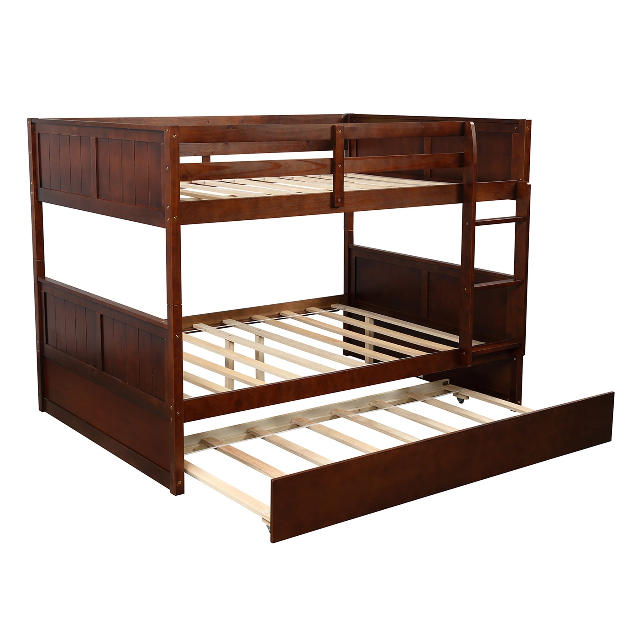 Full Over Full Bunk Bed with Trundle - Solid Wood Twin Bunk Bed Frame for Kids, Teens & Adults - Convertible to 2 Separate Beds with Guardrails & Ladder - Walnut Finish - Ideal for Small Bedrooms, Guest Rooms & Vacation Homes