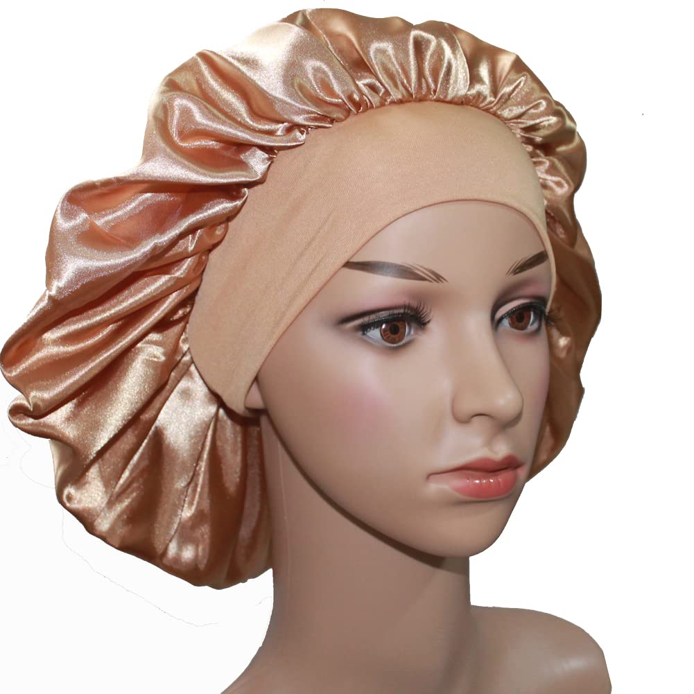 VEYRNEIC Satin Sleep Bonnet for Women - Wide Elastic Band Silk Night Cap for Braids & Natural Hair - Shower & Chemo Cap with Storage Bag (Gold) | Perfect for Nighttime, Travel & Hair Protection