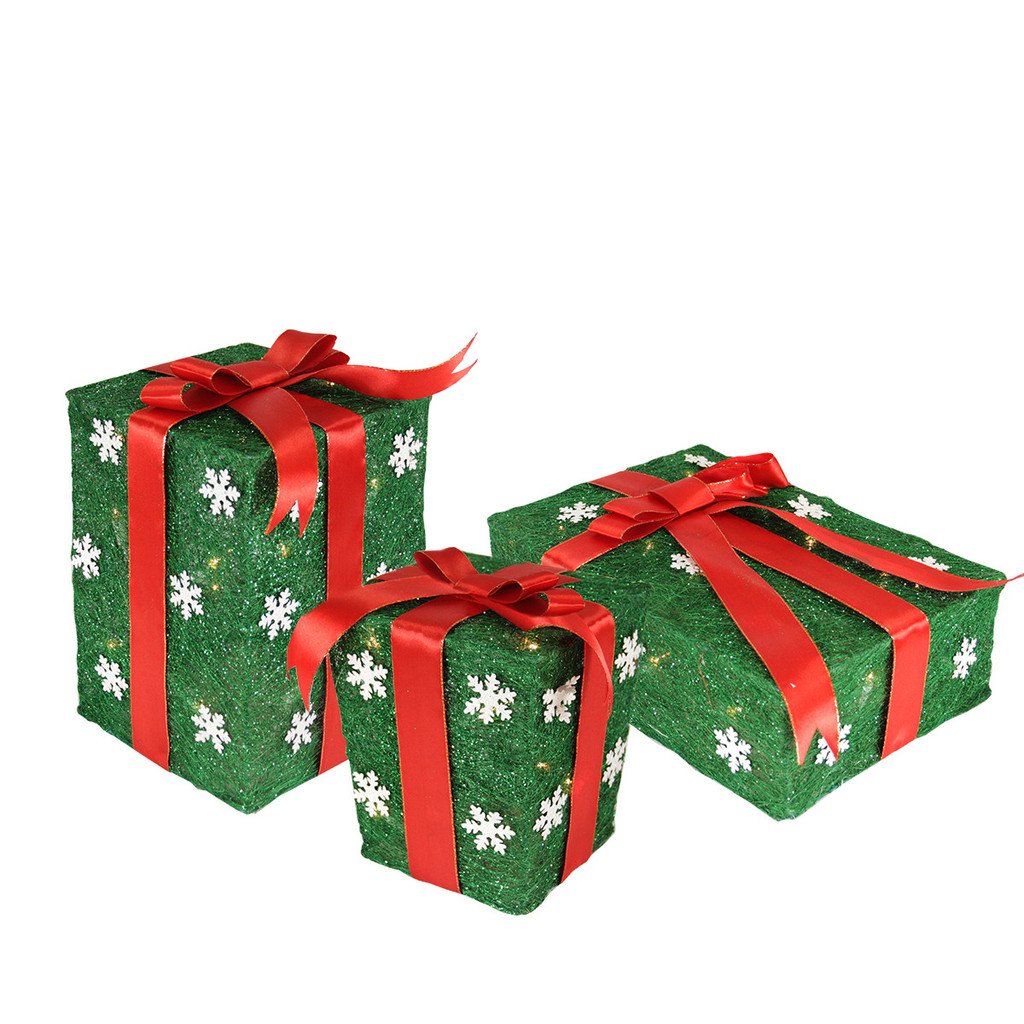 Northlight Set of 3 LED Lighted Christmas Gift Box Decorations - 13 Inch Green with Red Bows, Outdoor Holiday Decor for Porch, Yard, and Garden