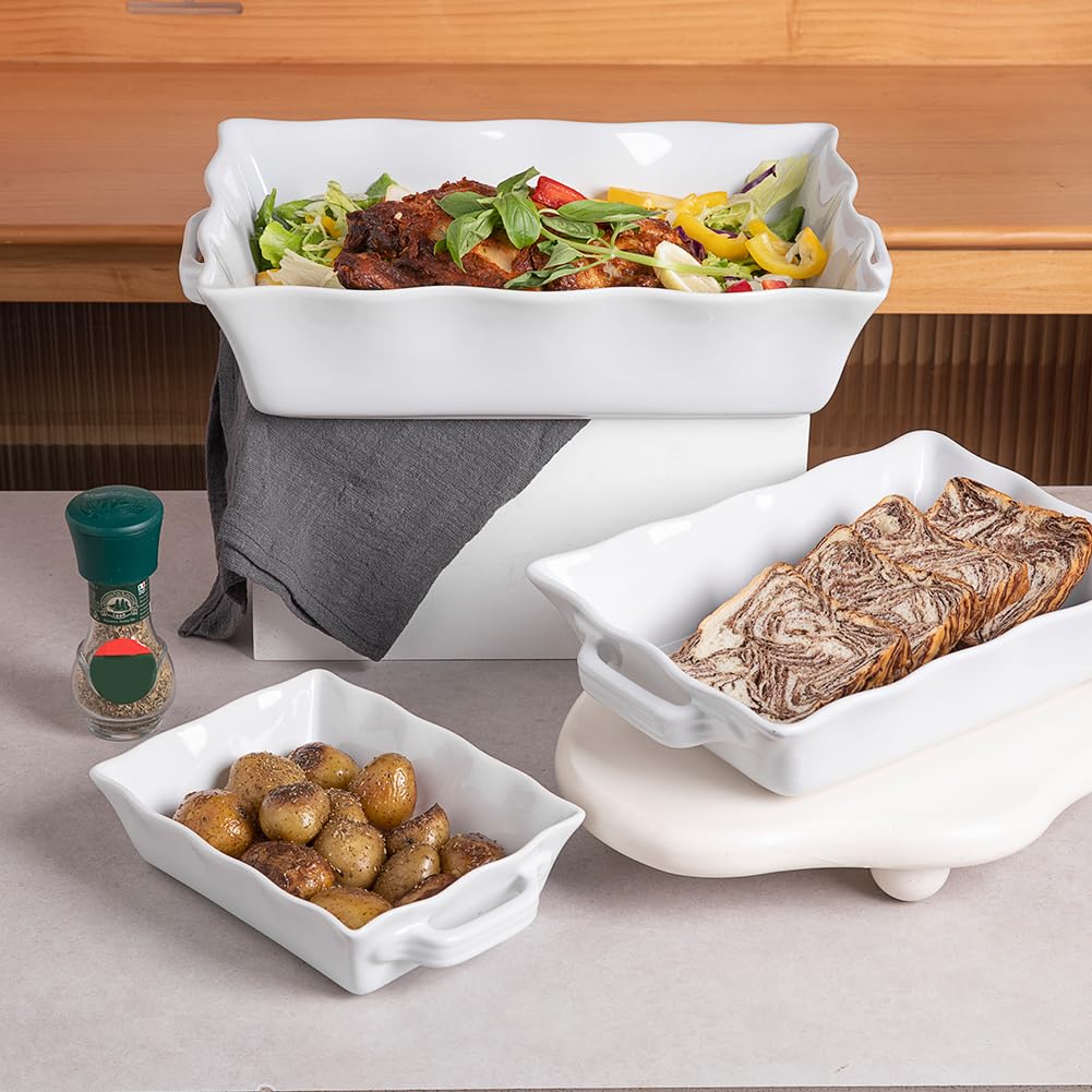 Sweejar 3-Piece Ceramic Casserole Dish Set - Rectangular Baking Pan with Handles & Wave Edge, Oven Safe Lasagna Pan for Cooking, Baking Cakes, Family Dinners, Banquets & Daily Kitchen Use (White) - Perfect for Holiday Meals, Potlucks & Entertaining Guests