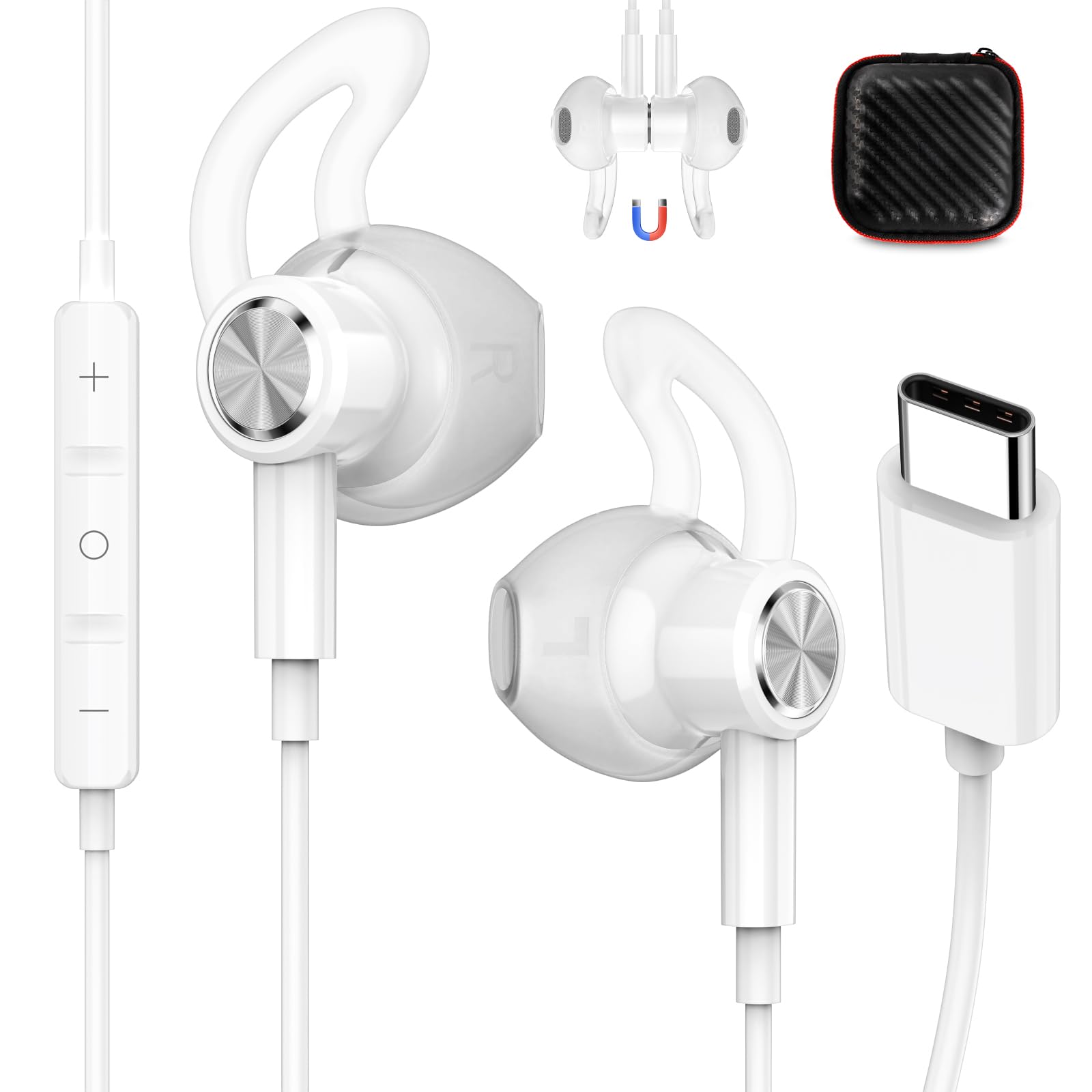 iMangoo Wired USB C Headphones for Apple iPhone 15/16 & Samsung S24/S25 Ultra - Anti-Fall Earbuds with Microphone, Noise Isolation for Gym Workout, Office Meetings & Travel (White)