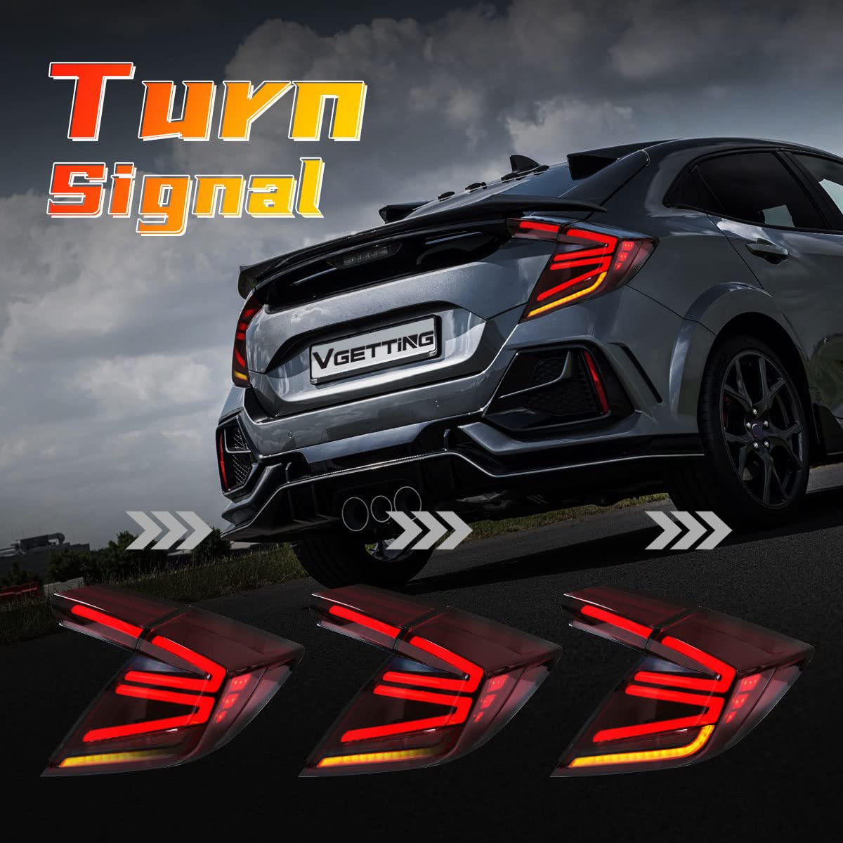 2016-2020 Honda Civic Type-R Hatchback LED Tail Lights - Red Lens Sequential Turn Signal DRL Reverse Brake Light Assembly | Upgrade for Night Driving & Car Shows