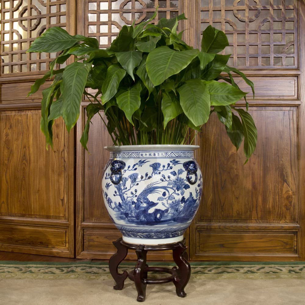 15.5 Inch Blue and White Porcelain Bird and Flower Chinese Fishbowl Planter - Handcrafted Ceramic Vase for Home Decor, Office, Wedding Centerpiece & Garden Display