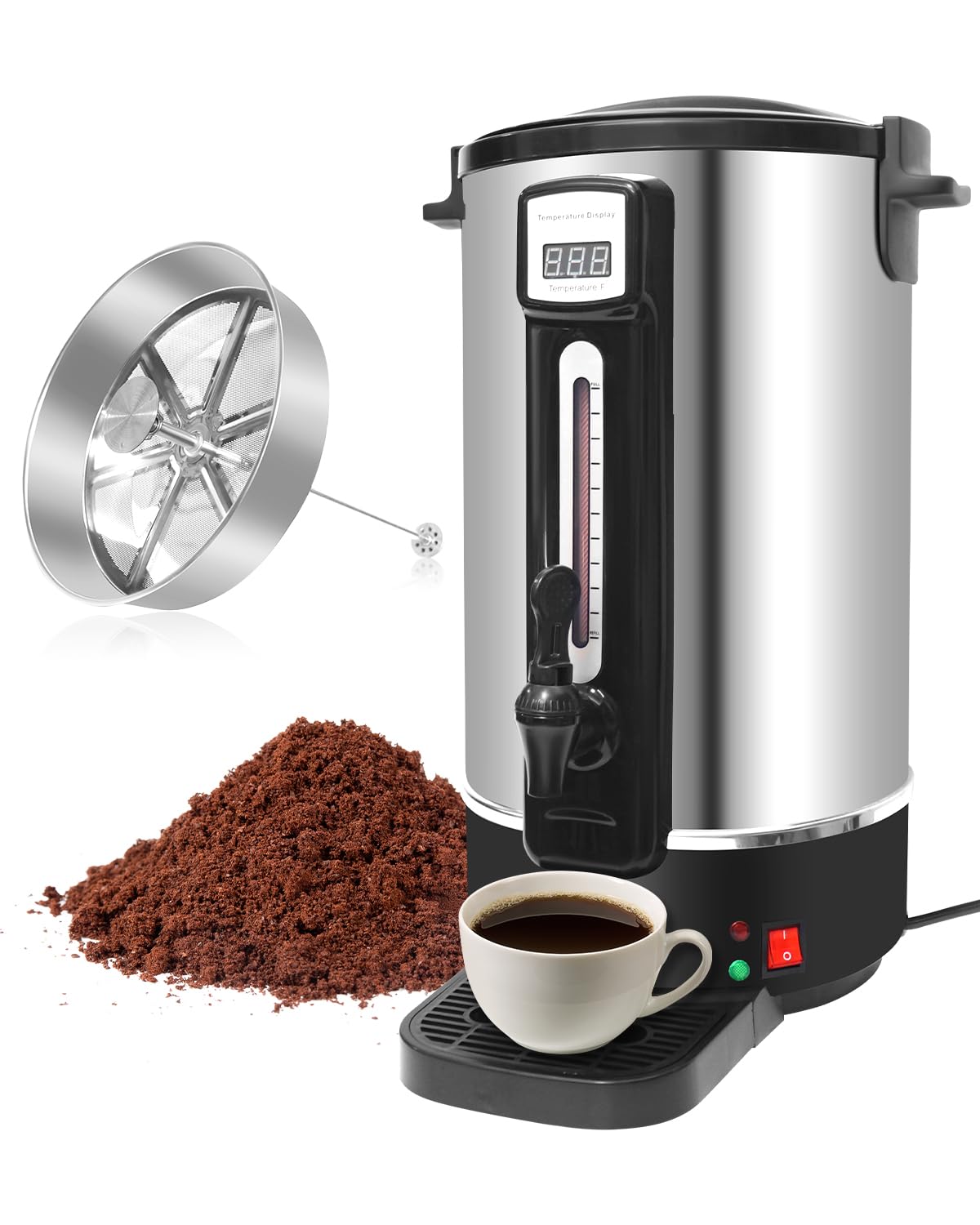 50 Cup Commercial Coffee Urn - 10L Stainless Steel Coffee Maker with Filter & Water Gauge - Fast Brewing Hot Beverage Dispenser for Restaurants, Offices & Events