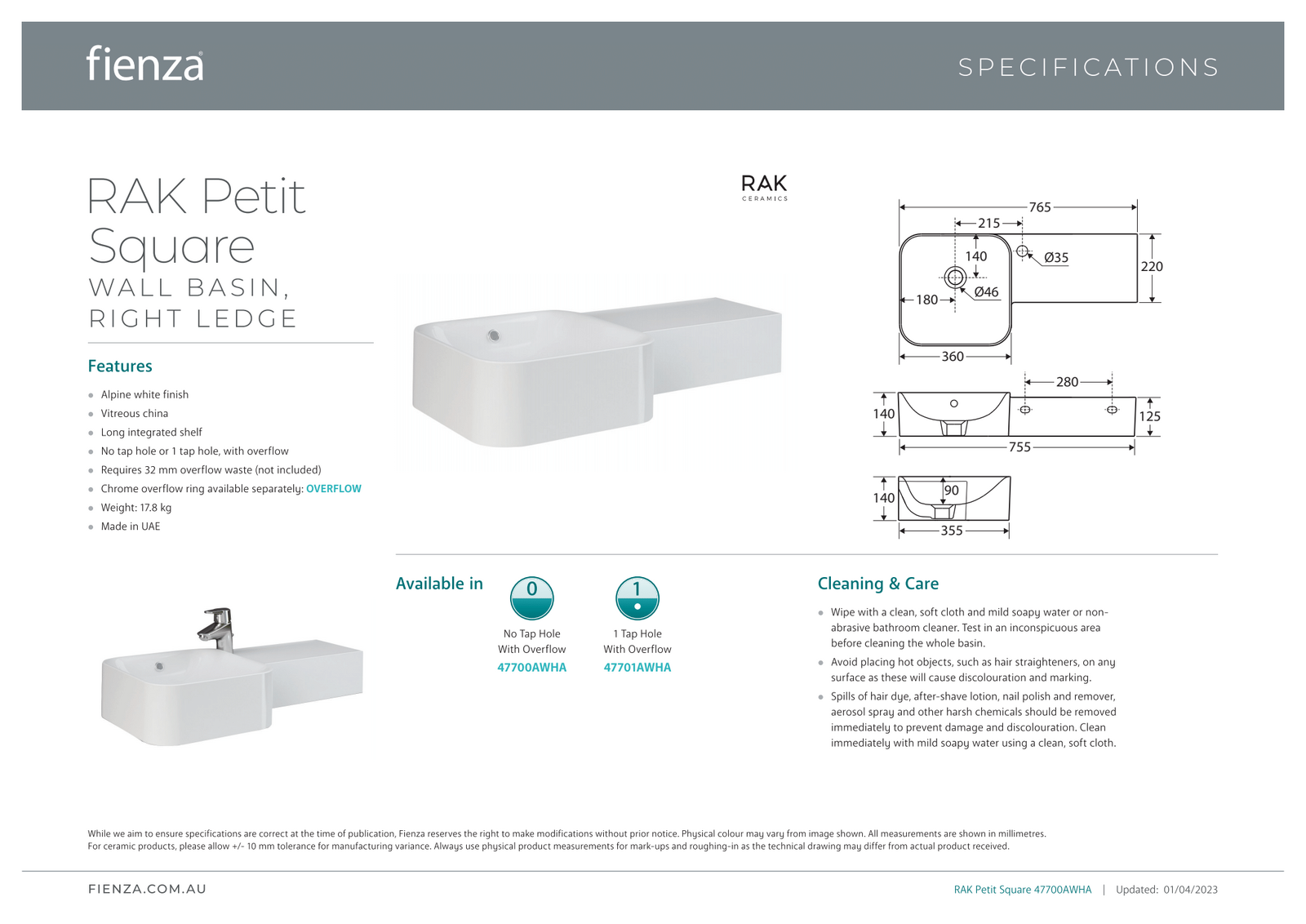Fienza 47701AWHA RAK Petit Square Wall-Mounted Bathroom Sink - Right Edge, Single Tap Hole, Alpine White - Perfect for Small Bathrooms, Powder Rooms & Modern Home Decor