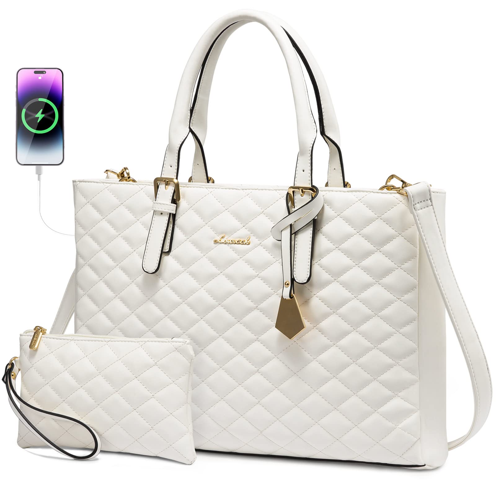 LOVEVOOK Women's Quilted Leather Laptop Tote Bag, 15.6 Inch Waterproof Business Briefcase & Purse Set, Stylish Work Bag for Office, Teacher, Commuting, and Travel - Beige