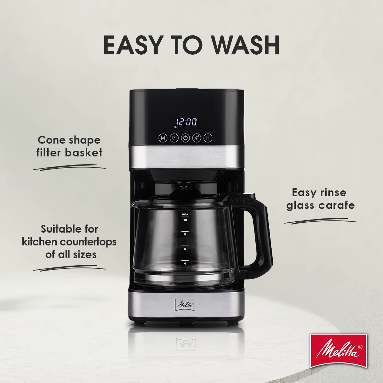 Melitta Aroma Tocco Programmable 10-Cup Glass Drip Coffee Maker with Touch Control Panel & Stainless Steel Accents - Perfect for Home, Office, and Entertaining Guests