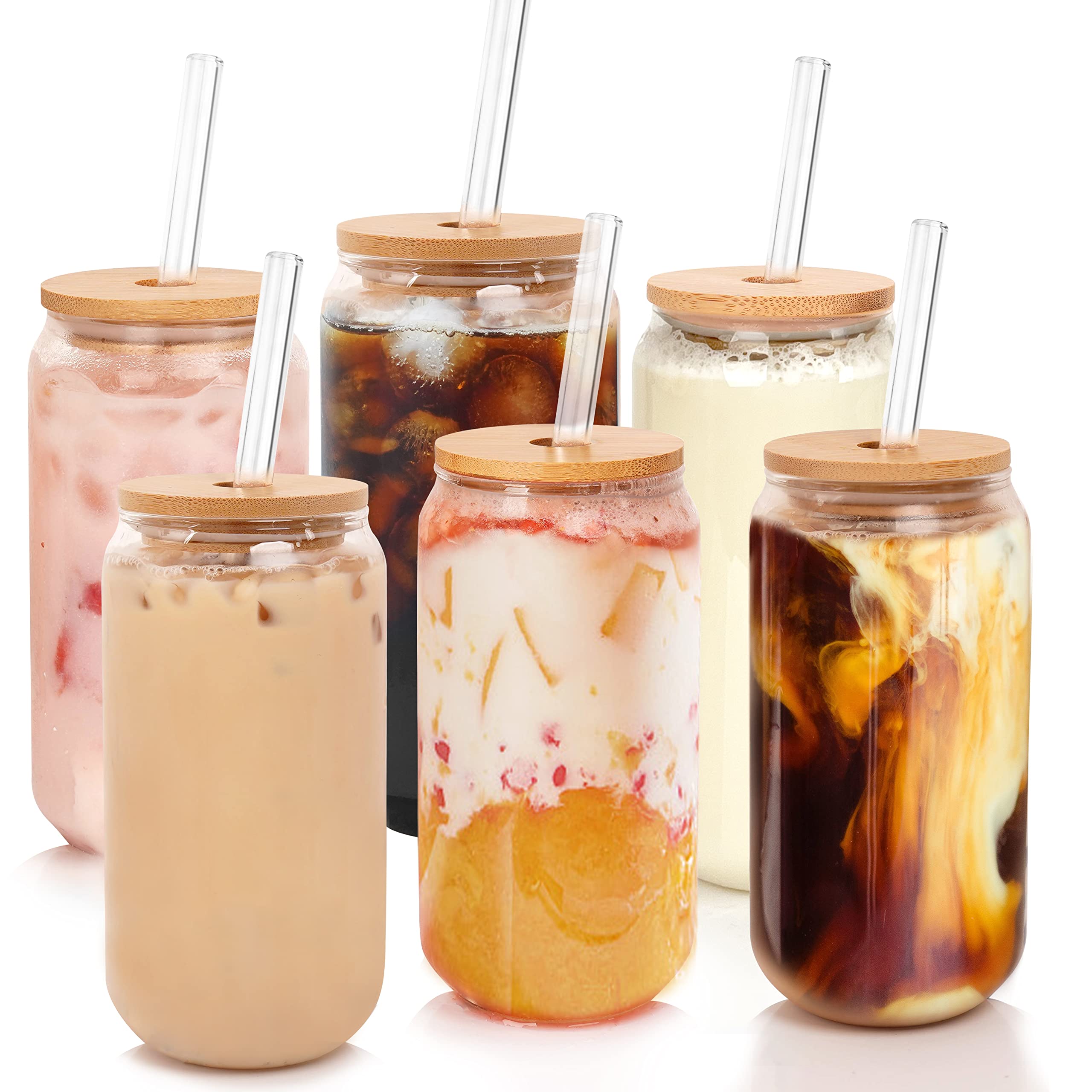 20OZ Beer Can Glass with Lids & Straws - Set of 6 Reusable Can-Shaped Drinking Glasses for Iced Coffee, Smoothies, Boba Tea - Perfect for Home, Office, Parties & Outdoor Use