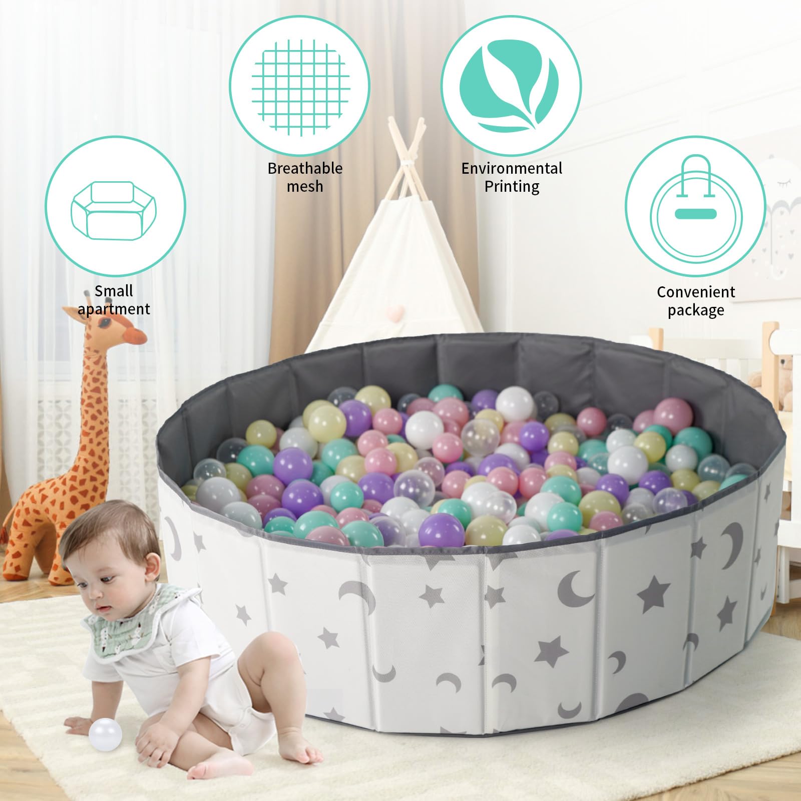 40Inch Kids Ball Pit - Foldable, Portable & Reusable Toddler Playpen with Balls, Indoor/Outdoor Baby Play Pool, Dog Playpen Fence, Oversized Star/Moon Design - Perfect for Birthday Parties, Daycare Centers & Backyard Fun