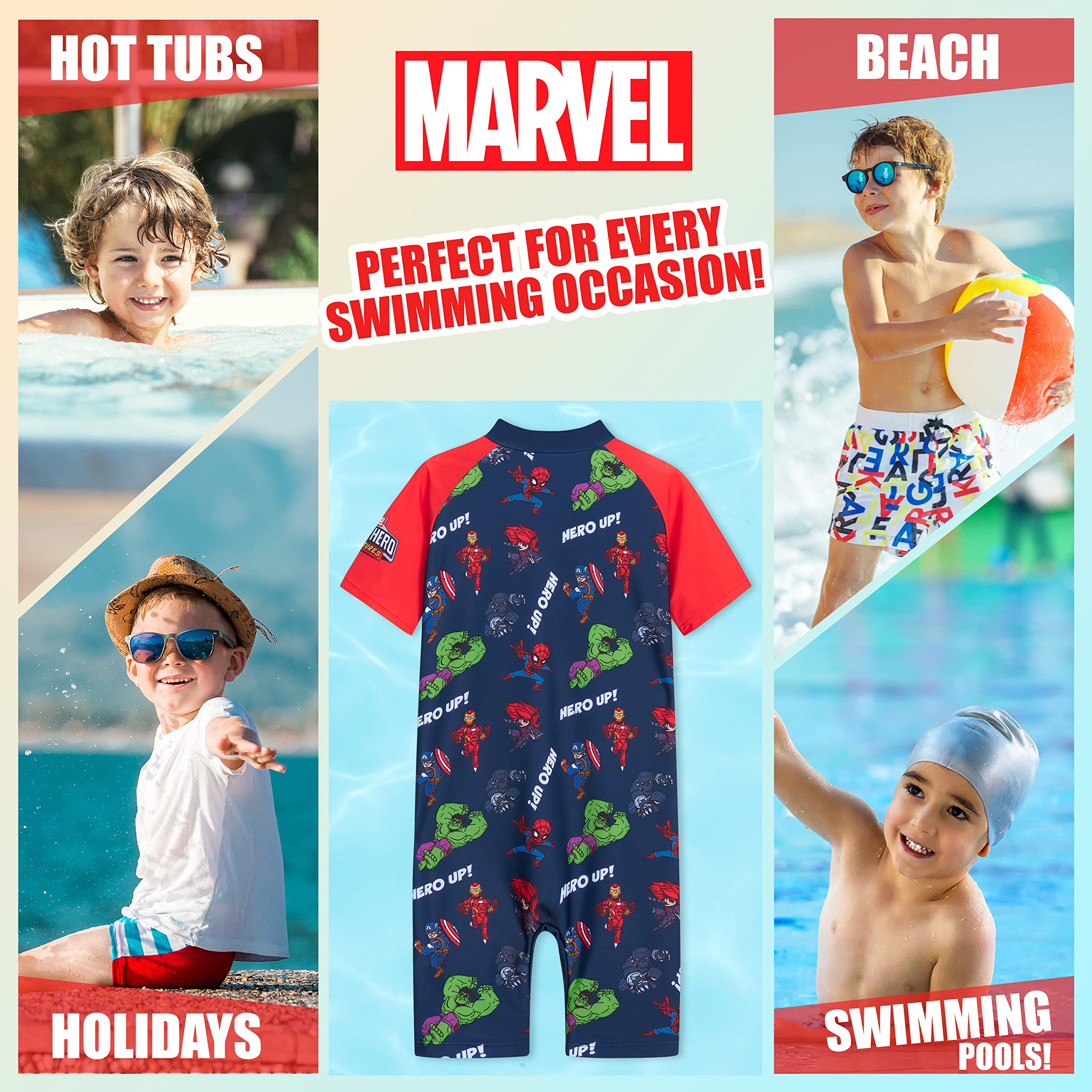 Marvel Kids Rash Guard Swimsuit - Full Body UV Protection Swimwear for Boys & Girls - Perfect for Beach, Pool & Summer Vacation Activities