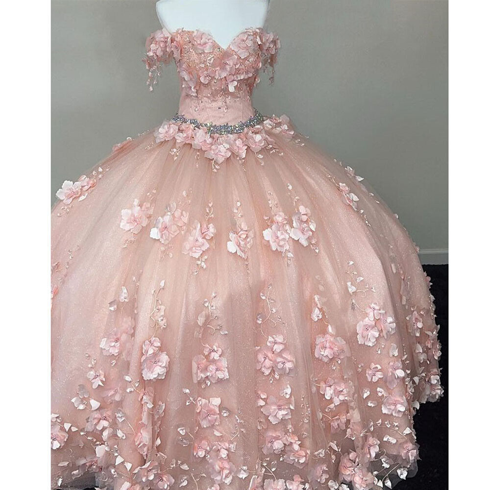 Elegant Off-the-Shoulder Beaded 3D Flower Pink Quinceañera Ball Gown Dress for Sweet 16, Prom, Wedding & Special Occasions