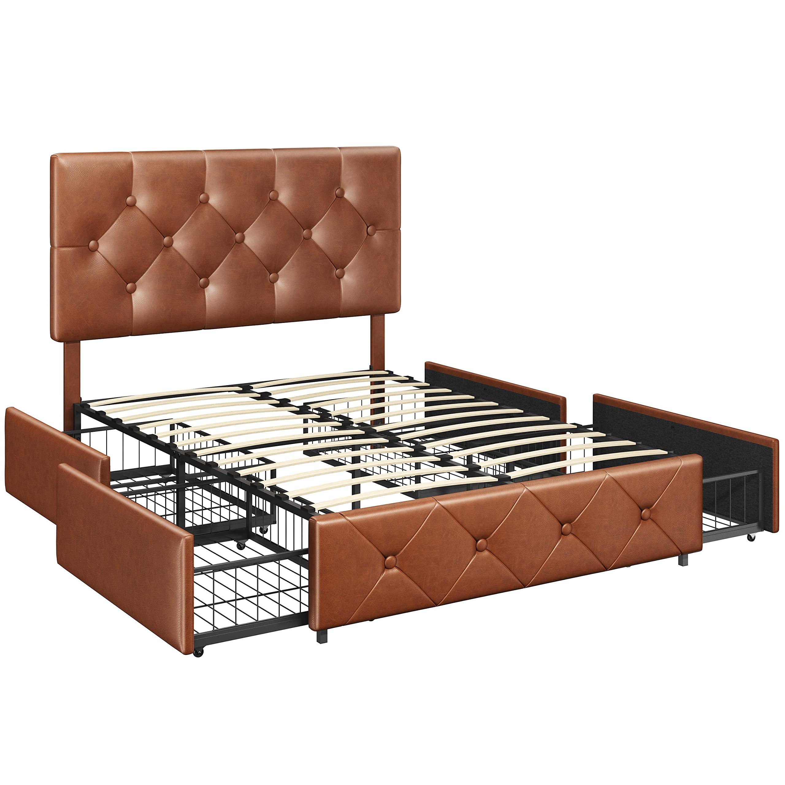 Topeakmart Full Size Faux Leather Upholstered Platform Bed Frame with Tufted Adjustable Headboard, 4 Storage Drawers & Wooden Slat Support - No Box Spring Needed, Amber Brown - Perfect for Modern Bedrooms, Guest Rooms & Small Spaces