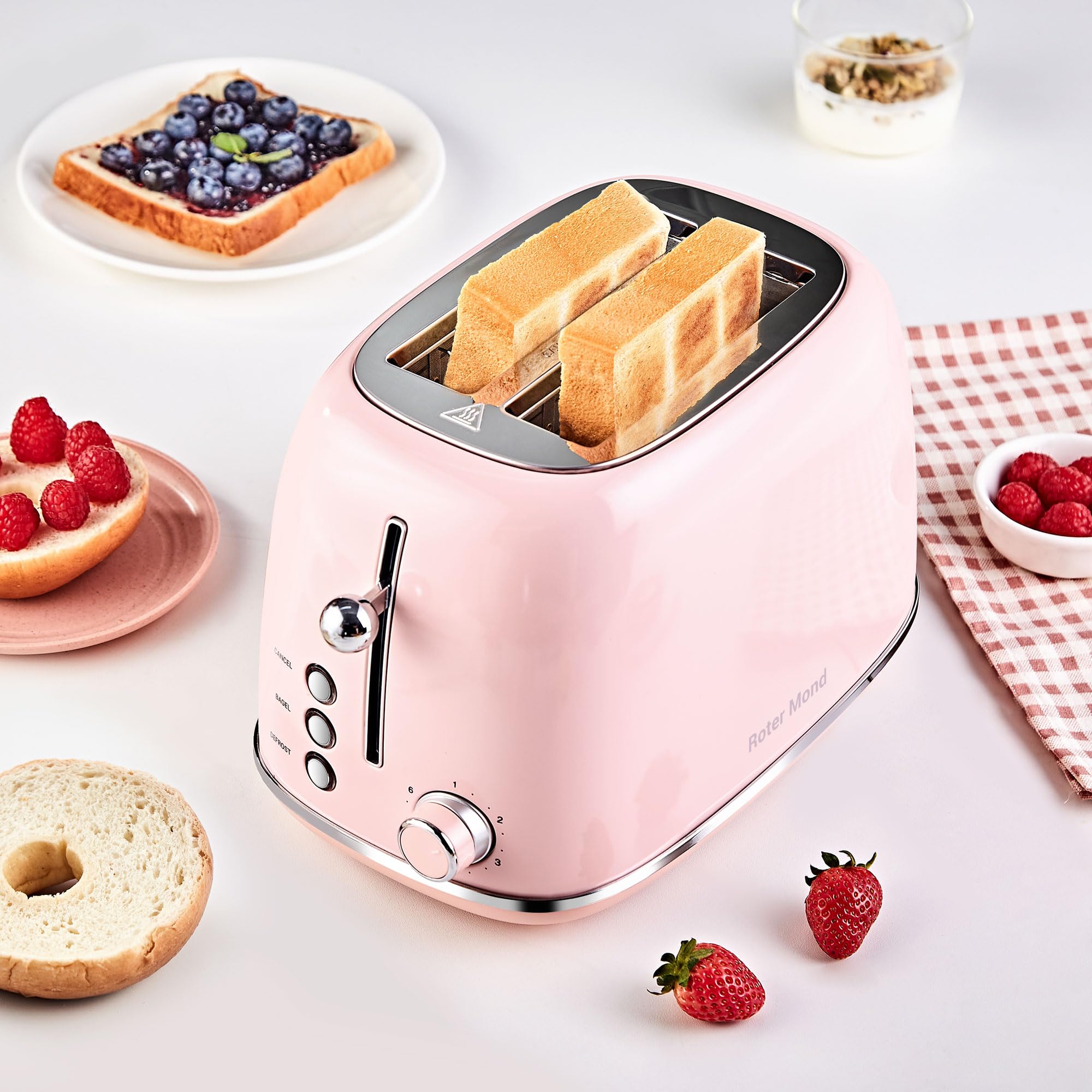 Retro 2-Slice Toaster with Bagel, Cancel & Defrost Functions - 6 Shade Settings, Extra Wide Slots & Removable Crumb Tray - Stainless Steel Pink Toaster for Kitchen, Breakfast, Dorm & Office Use