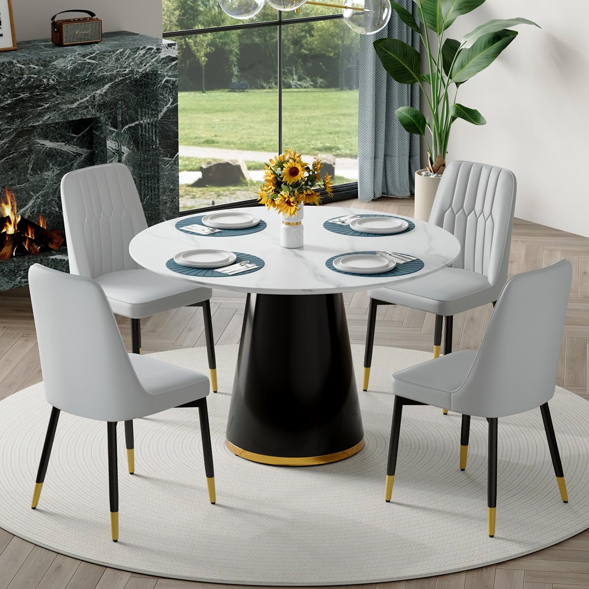 Round Dining Table Set for 4 - 45 Inch White Small Space Kitchen Table with 4 Grey L Chairs | Compact Dining Room Furniture for Apartments, Breakfast Nooks & Cozy Living Rooms