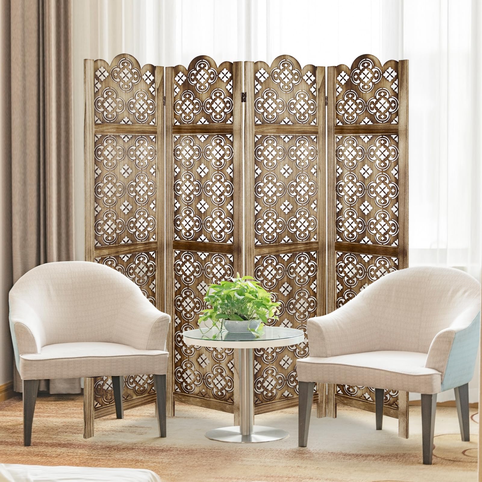 ECOMEX 5.6Ft Wooden Room Divider with 4 Panel Cutout Design - Fully Assembled Folding Screen for Home, Office, Restaurant & Bedroom - Natural Brown Wall Partition for Privacy & Space Decoration