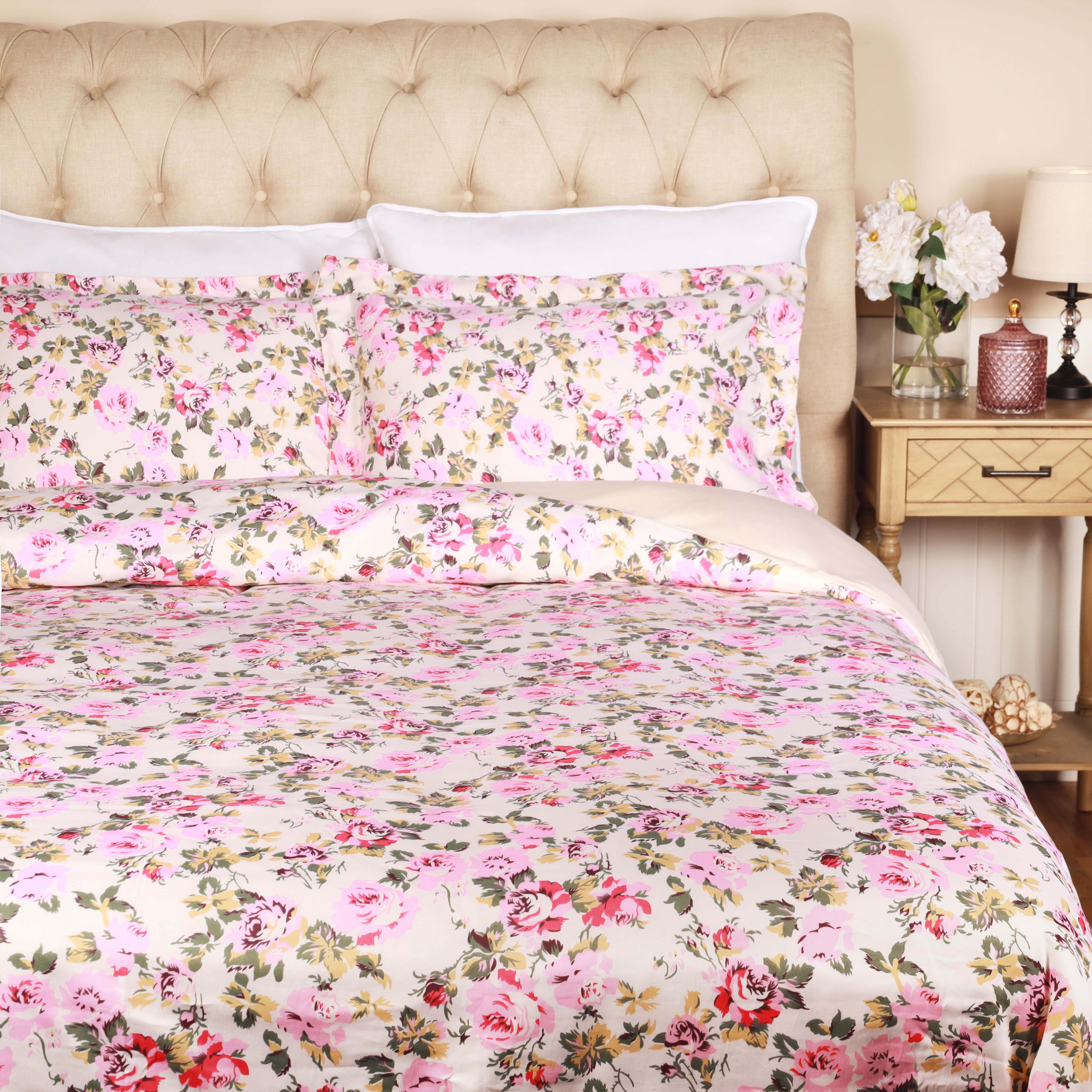 300 Thread Count Solid & Floral Cotton Duvet Cover Set - All Season Soft Bedding for Master Bedroom, Guest Room & Vacation Homes