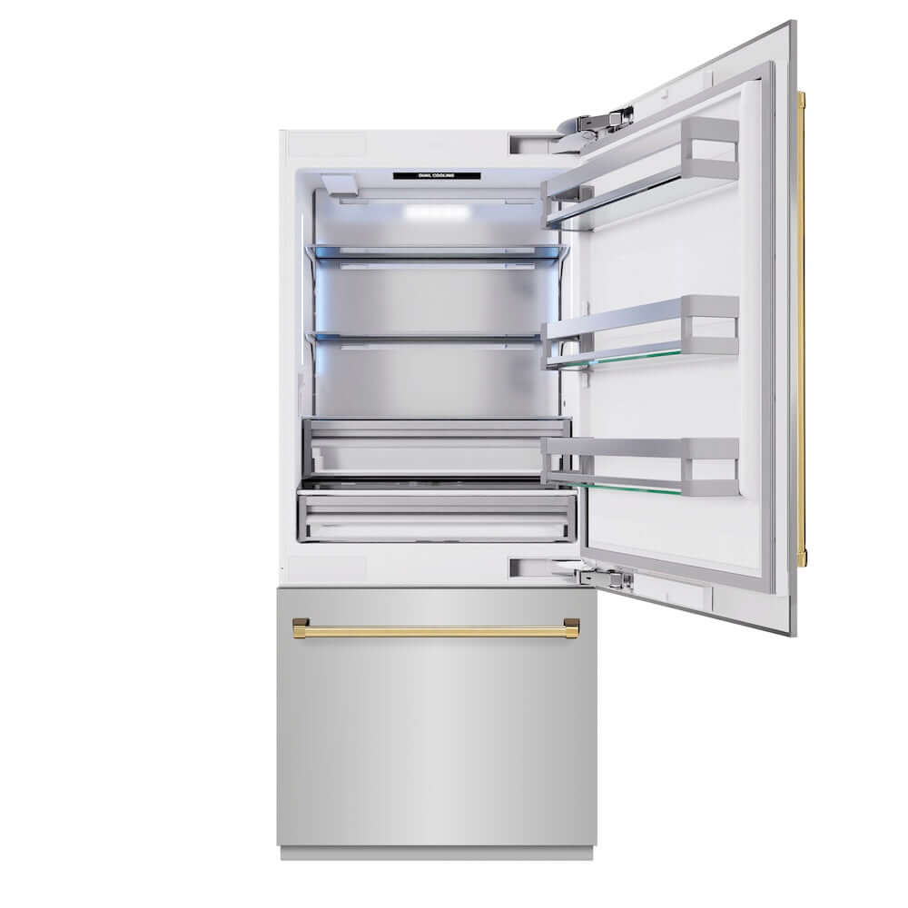 ZLINE Autograph Edition 36 Inch Built-In Bottom Freezer Refrigerator - 19.8 cu. ft. Capacity, Stainless Steel with Polished Gold Accents, Water Dispenser & Ice Maker - Perfect for Modern Kitchens & Luxury Homes (RBITZ 304 36G)