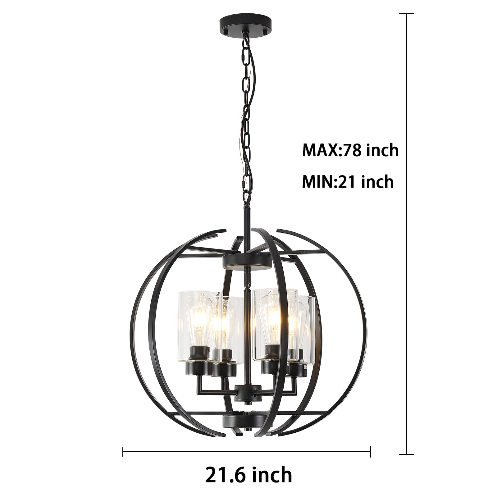 Black Chandelier Lighting with Clear Glass - 4-Light Farmhouse Ceiling Fixture for Dining Room & Kitchen | Elegant Hanging Light for Home Decor, Wedding Venues & Restaurants