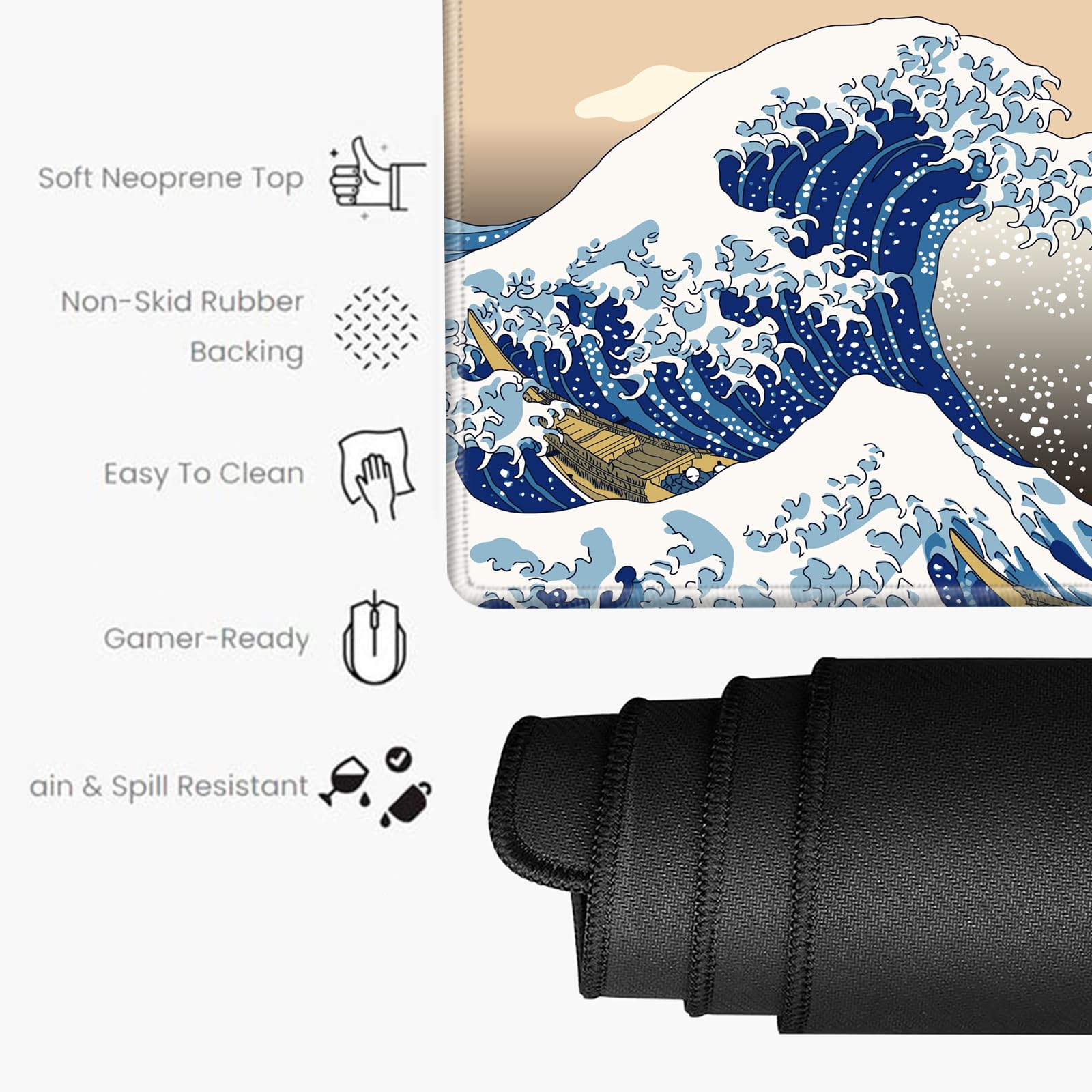 Japanese Sea Wave Gaming Mouse Pad - 24x12 XL Non-Slip Desk Mat for Wireless Mouse, Laptop & Office | Perfect for Gamers, Graphic Designers & Home Office Workspaces