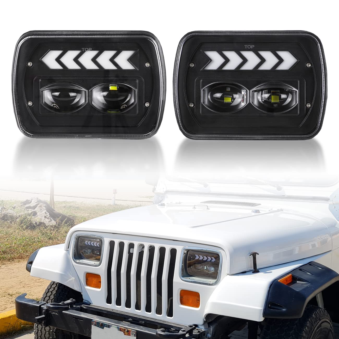 40W LED Headlights for Jeep Wrangler YJ Cherokee XJ - White DRL & Amber Turn Signals - Off-Road & Night Driving
