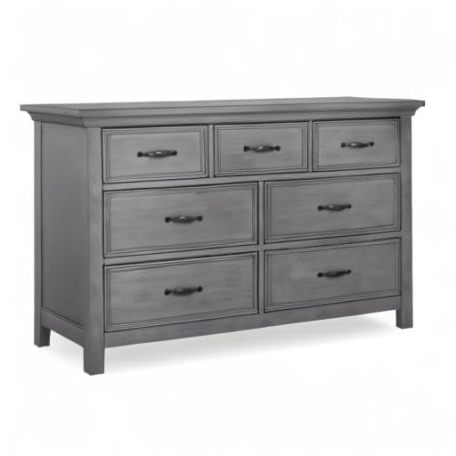 Evolur Belmar Double Dresser in Rustic Grey - 7 Spacious Drawers, Assembled with Anti-Tip Kit | Solid Wood Nursery & Bedroom Dresser for Baby Room, Kids Bedroom, and Guest Room Organization