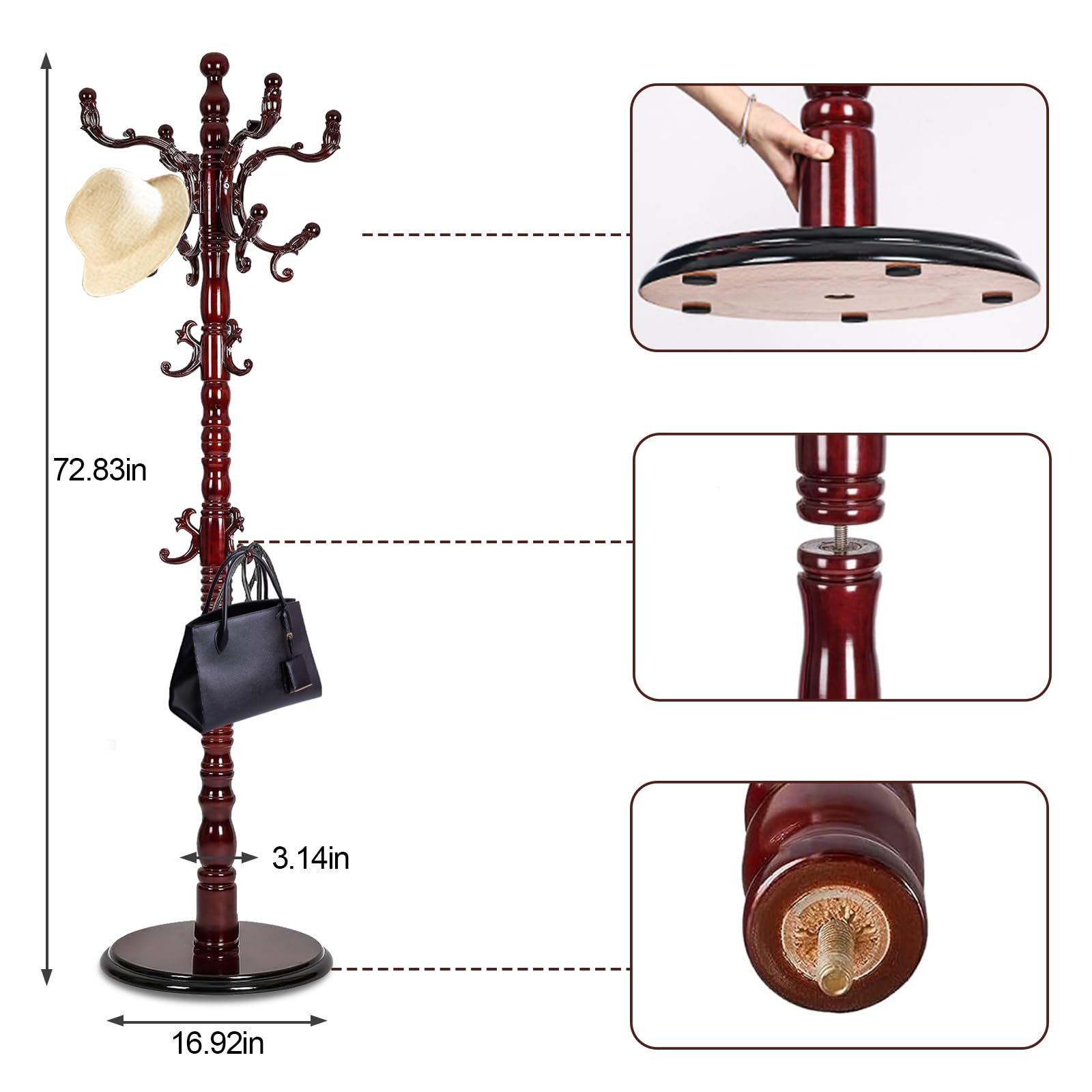 Premium Wooden Freestanding Coat Rack with 14 Hooks & Stable Disc Base - Black Red Tree Stand for Jackets, Hats, Scarves - Perfect for Home, Office & Entryway Organization