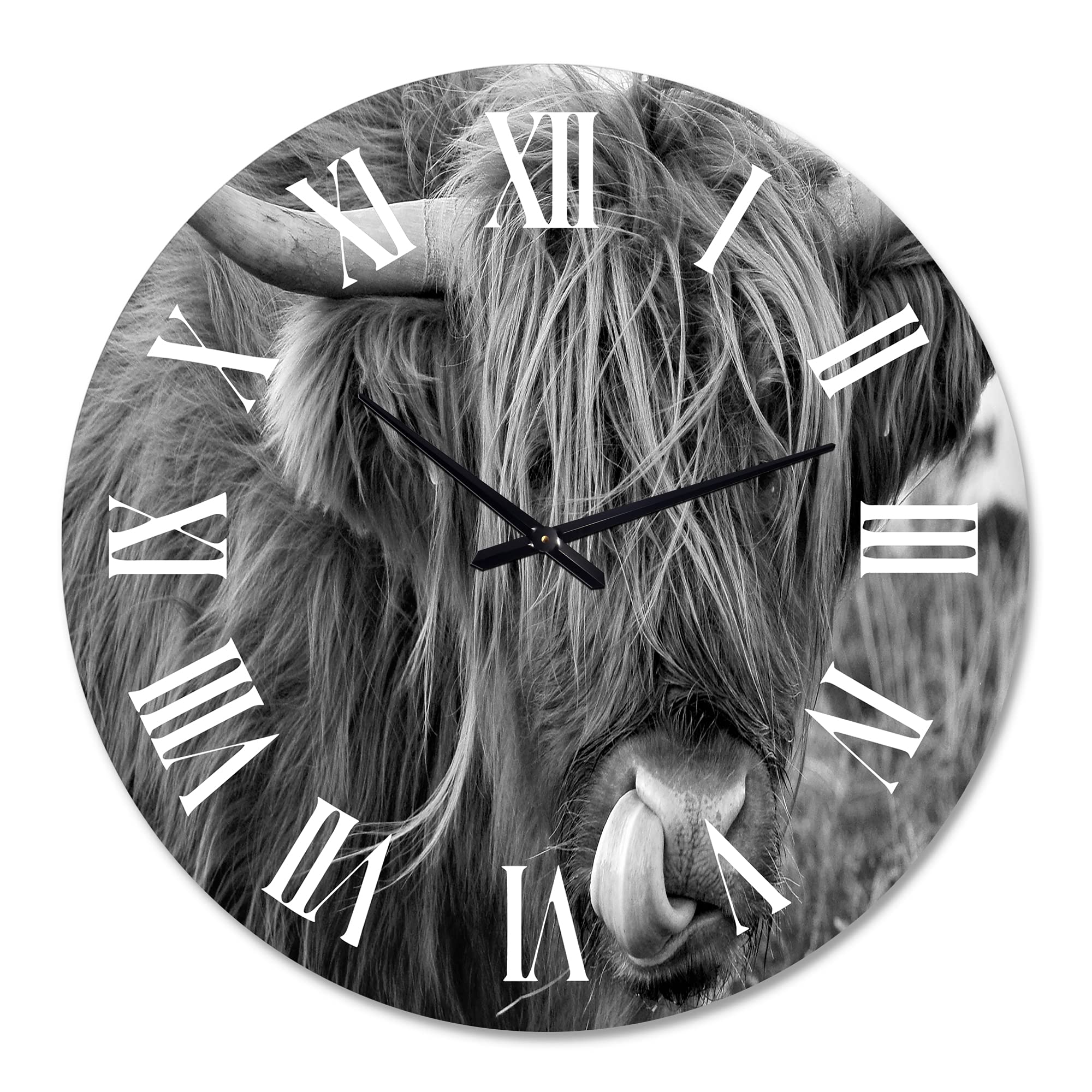 Farmhouse Wall Clock with Scottish Cow on Moorland - Large Animal Wall Clock for Kitchen, Living Room, and Office Decor | Rustic Home Décor & Unique Gift Idea
