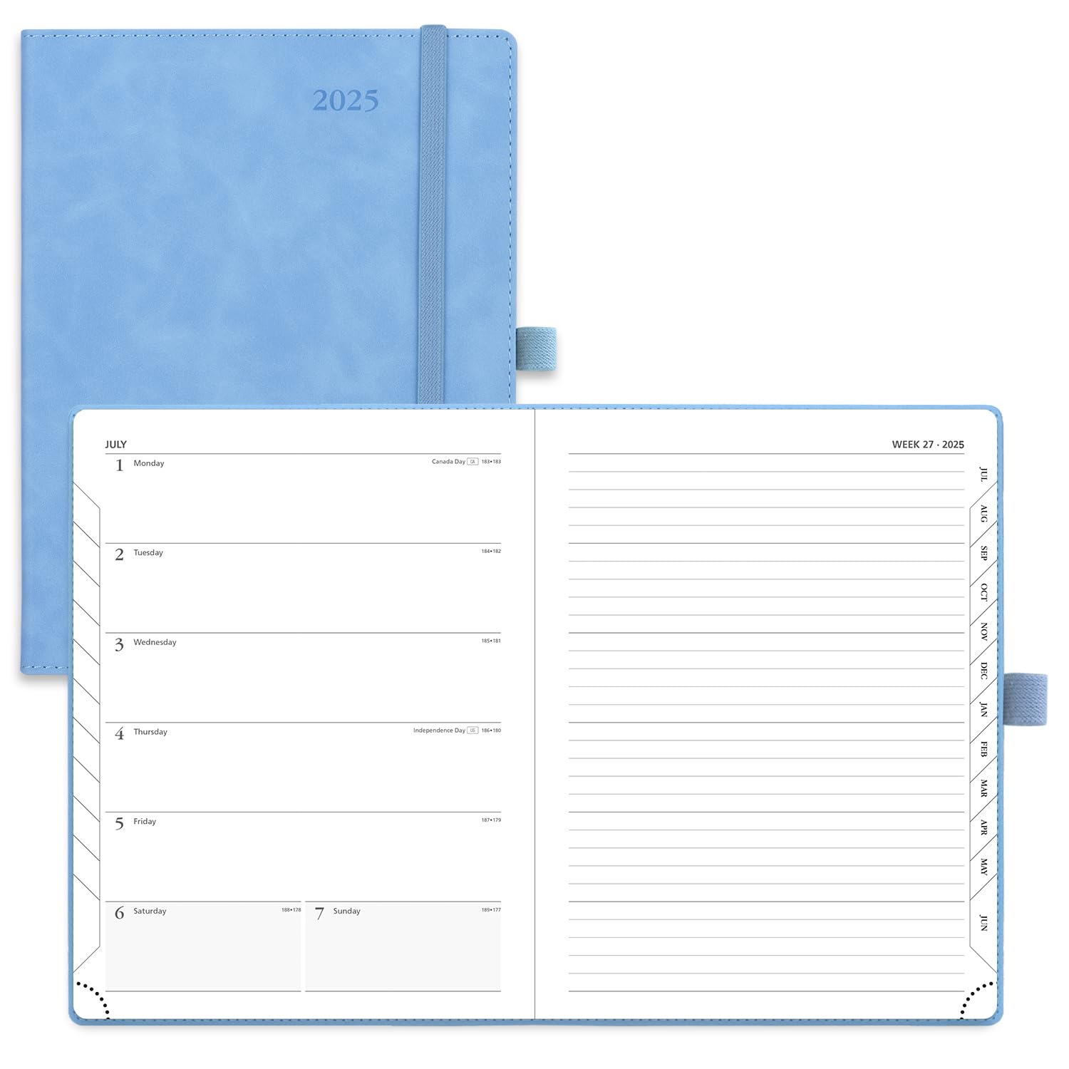 POPRUN 2025 Planner - 6.5'' x 8.5'' Weekly & Monthly Calendar Notebook with Leather Soft Cover | Time Management Organizer with Monthly Tabs, Inner Pocket & 100GSM Thick Paper (Cerulean Blue) | Perfect for Office, School, Business Planning & Personal Scheduling