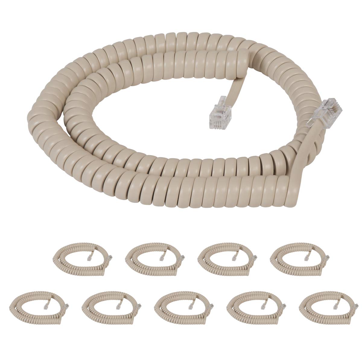 Cablesys 12 Ft Coiled Telephone Handset Cord - RJ22 Connector, 1.5 Inch Lead (10-Pack, Ivory) for PBX & VoIP Phone Systems | Office & Call Center Use