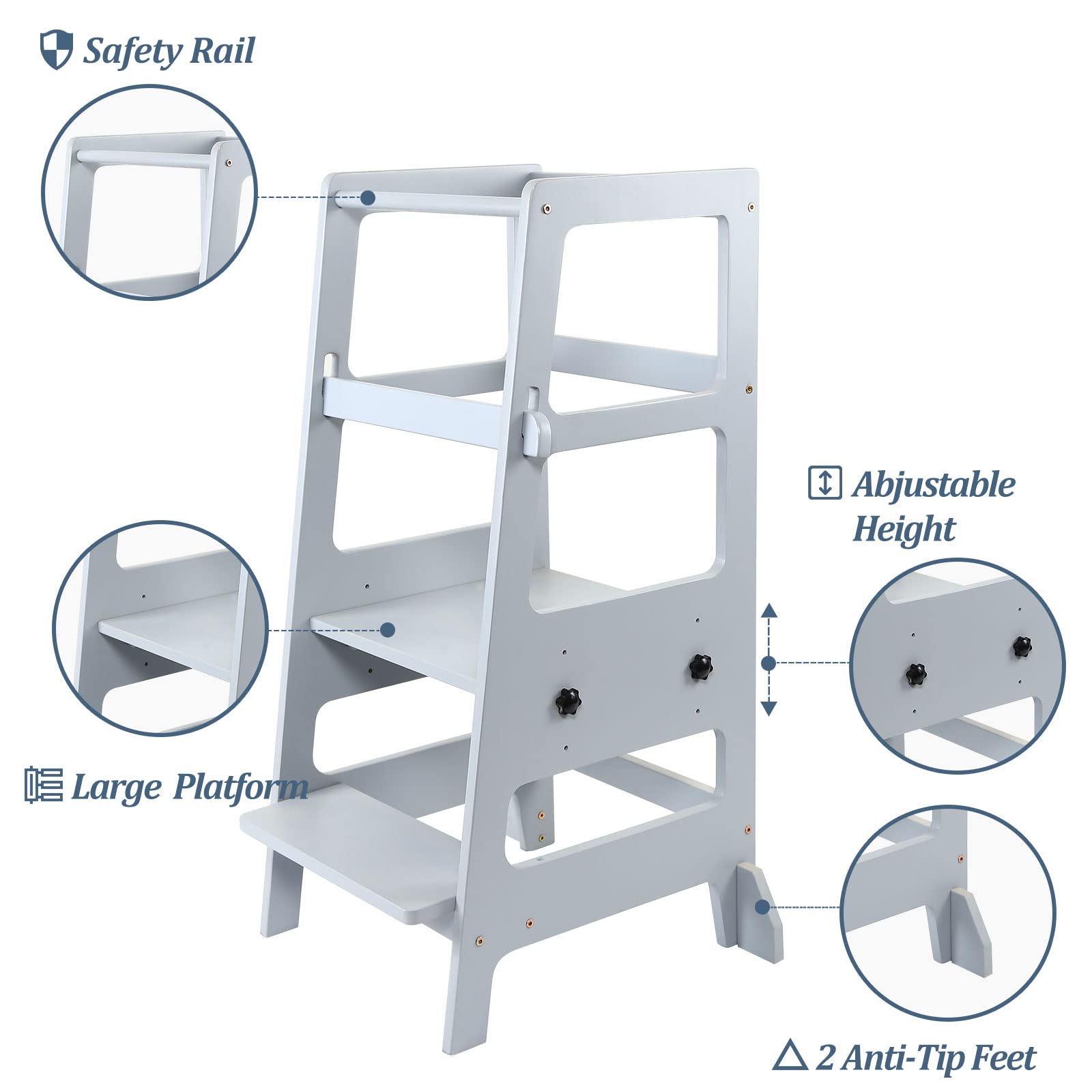 Adjustable Height Wooden Toddler Step Stool - Kids Kitchen Helper Learning Tower for Safe Standing & Cooking - Natural Wood Finish - Perfect for Baking, Washing Hands & Reaching Countertops