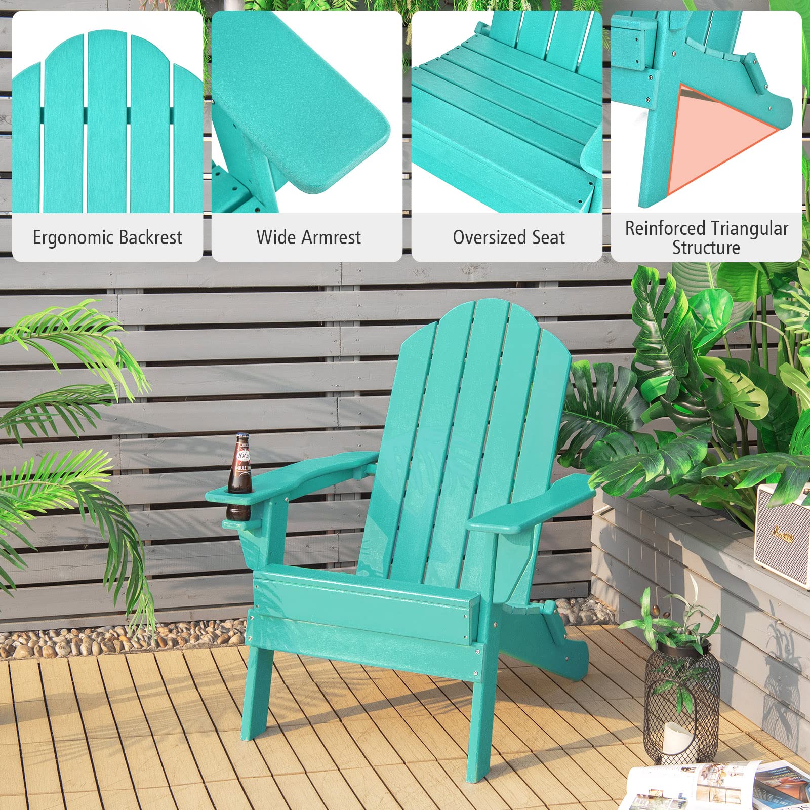 **Giantex Adirondack Chair - Outdoor Folding Patio Chair with Cup Holder, HDPE Weather-Resistant Plastic, Turquoise - Perfect for Backyard, Deck, Balcony, Garden & Fire Pit Relaxation**