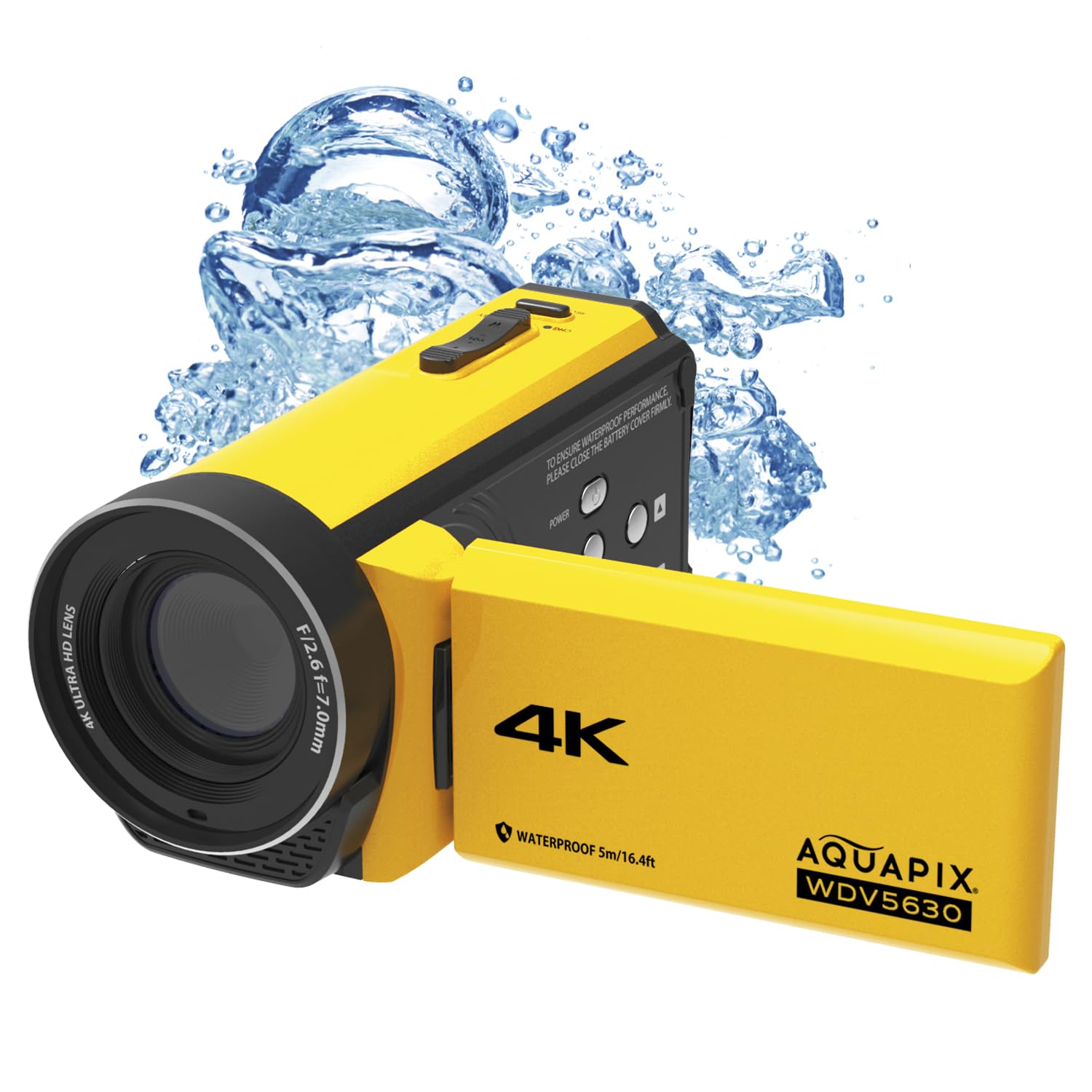 Easypix WDV5630 Yellow Waterproof Digital Camcorder - 4K UHD Video, 56MP Photos, 18x Zoom, 13MP Sensor, 5m Water Resistant - Perfect for Snorkeling, Beach Vacations & Underwater Adventures