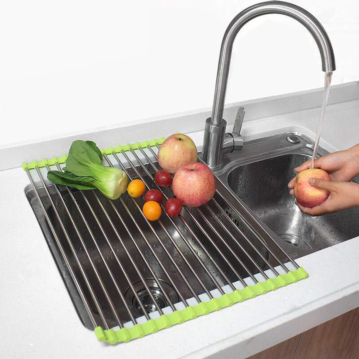 Foldable Roll-Up Kitchen Sink Drain Rack - Non-Slip Silicone & Stainless Steel Dish Drying Rack for Dishes, Utensils, and Vegetables | Space-Saving, Durable, and Easy to Clean | Perfect for Small Kitchens, RVs, and Apartments