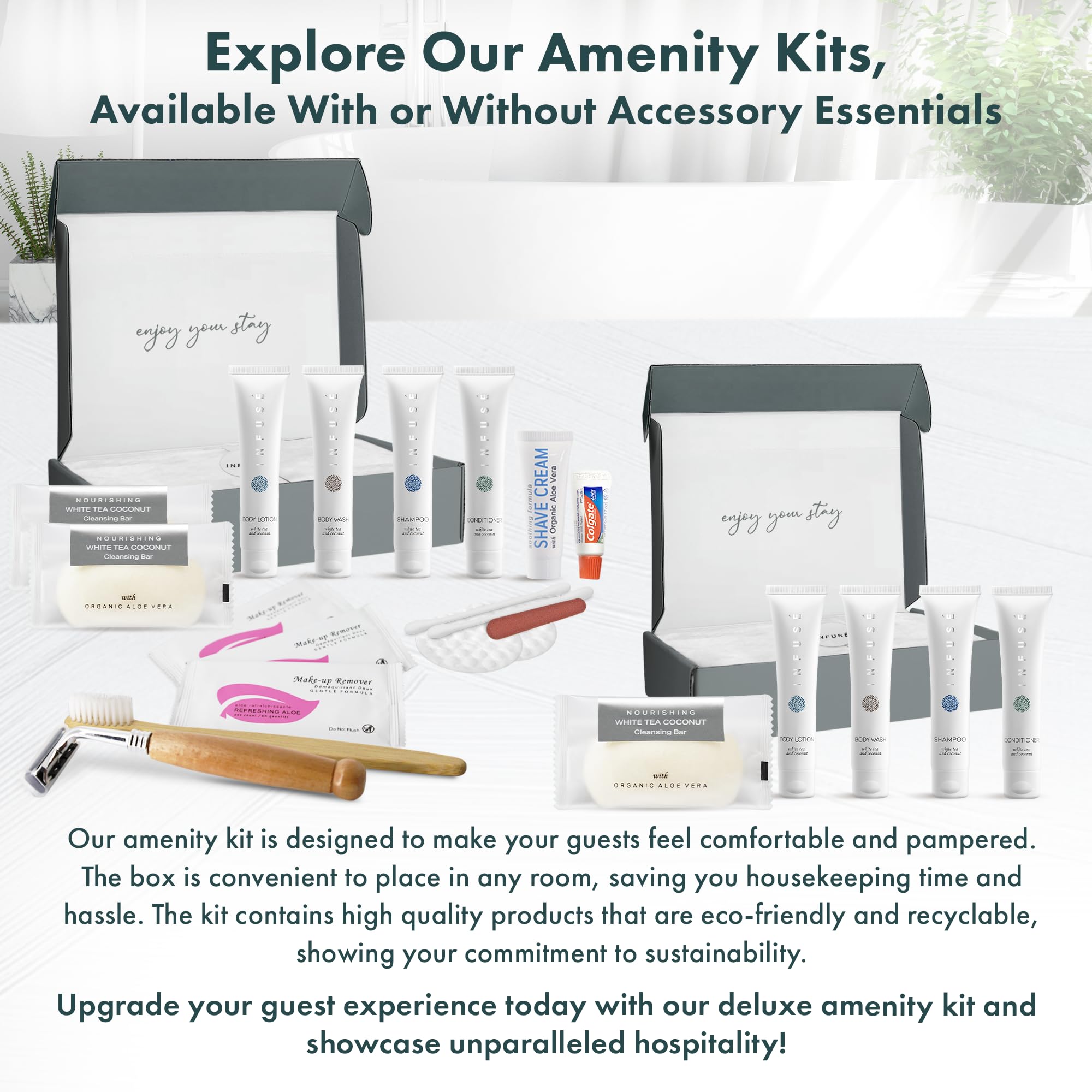 Infuse Amenity Kit - Bulk Hotel Toiletries Set (1 oz Shampoo, Conditioner, Lotion, Body Wash & Bar Soap) - 15 Sets/Case for Hospitality, Vacation Rentals & Guest Amenities - Perfect for Hotels, Resorts, Airbnbs & Travel Essentials