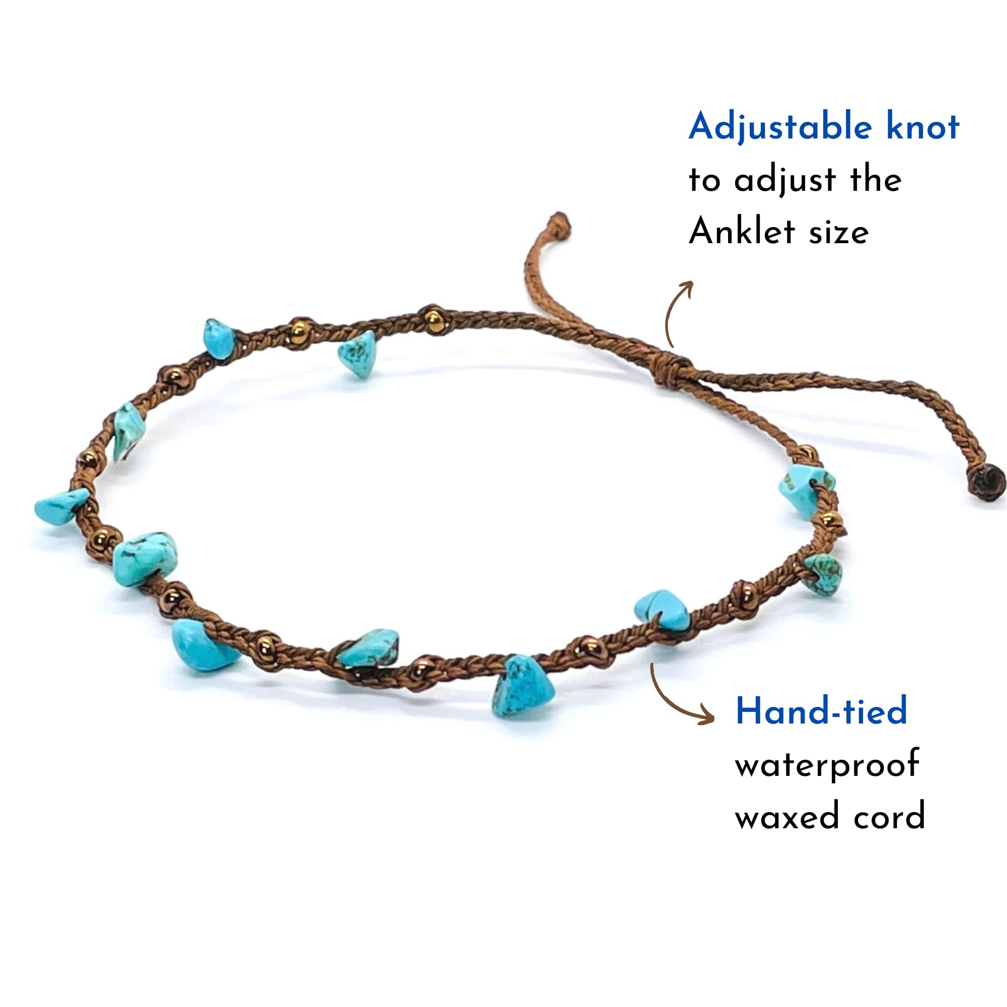 Turquoise Ankle Bracelets for Women – Adjustable Braided Wax Cord Anklet with Genuine Turquoise Chips, Waterproof & Custom Sizing – Perfect for Summer Beach, Vacation & Boho Fashion | PusSoul