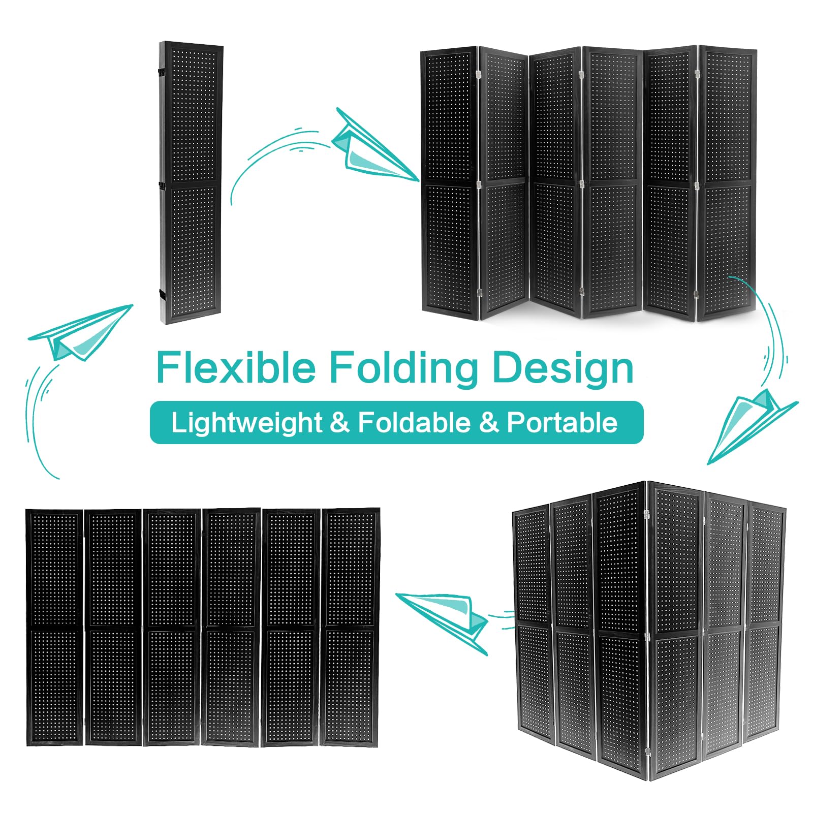 Babion 6 Panel Pegboard Display Stand - Freestanding Folding Room Divider & Privacy Screen for Craft Shows, Trade Shows & Retail Displays - Black Peg Board Organizer for DIY Projects & Home Office Use