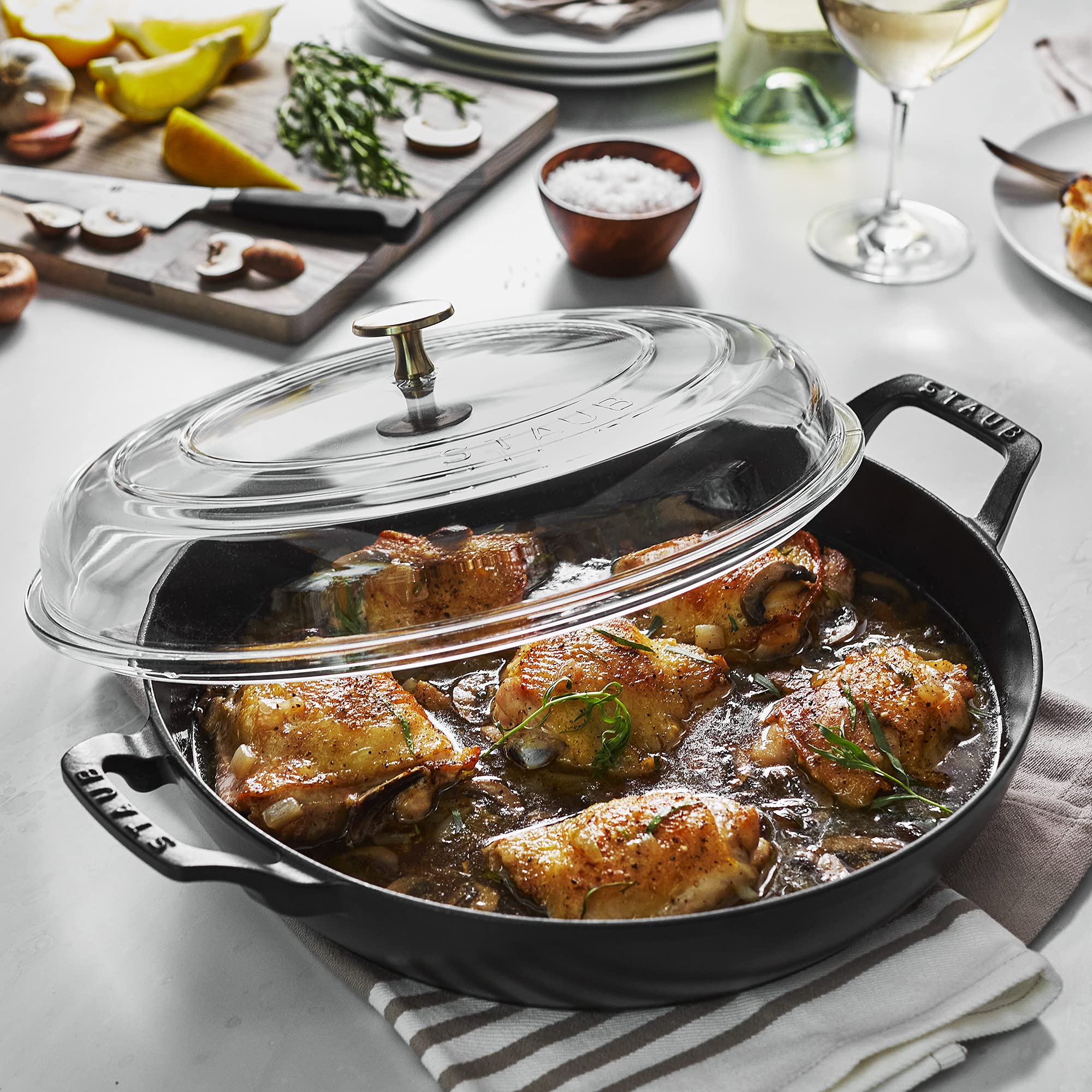 STAUB 3.5-Quart Matte Black Enameled Cast Iron Braiser with Glass Lid - Perfect for Slow Cooking, Roasting & Serving Dishes Family Style