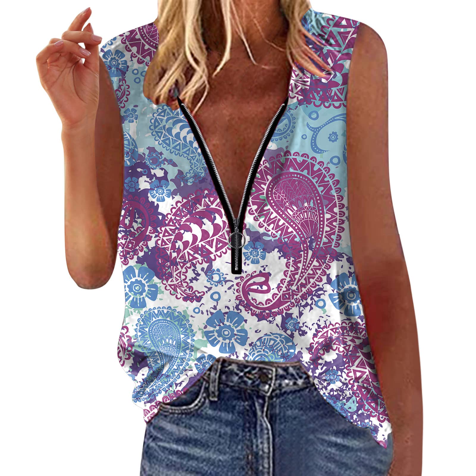 Women's Cropped Tank Tops - Summer Sleeveless Printed Zipper Shirt - Elegant Loose Fit White Blouse | Perfect for Beach Outings, Music Festivals & Casual Summer Wear