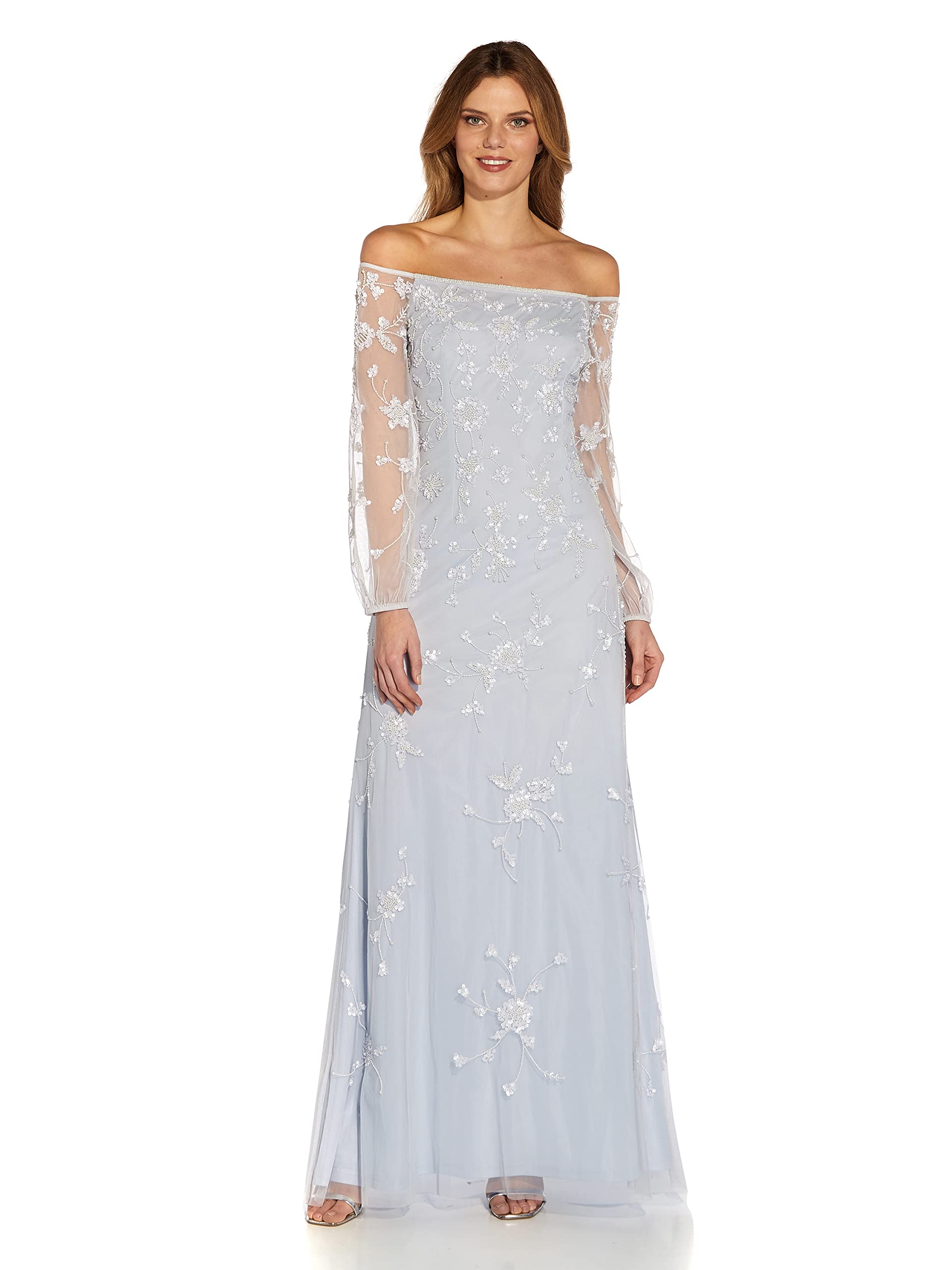 Adrianna Papell Women's Beaded Off Shoulder Evening Gown - Elegant Formal Dress for Prom, Wedding & Black Tie Events